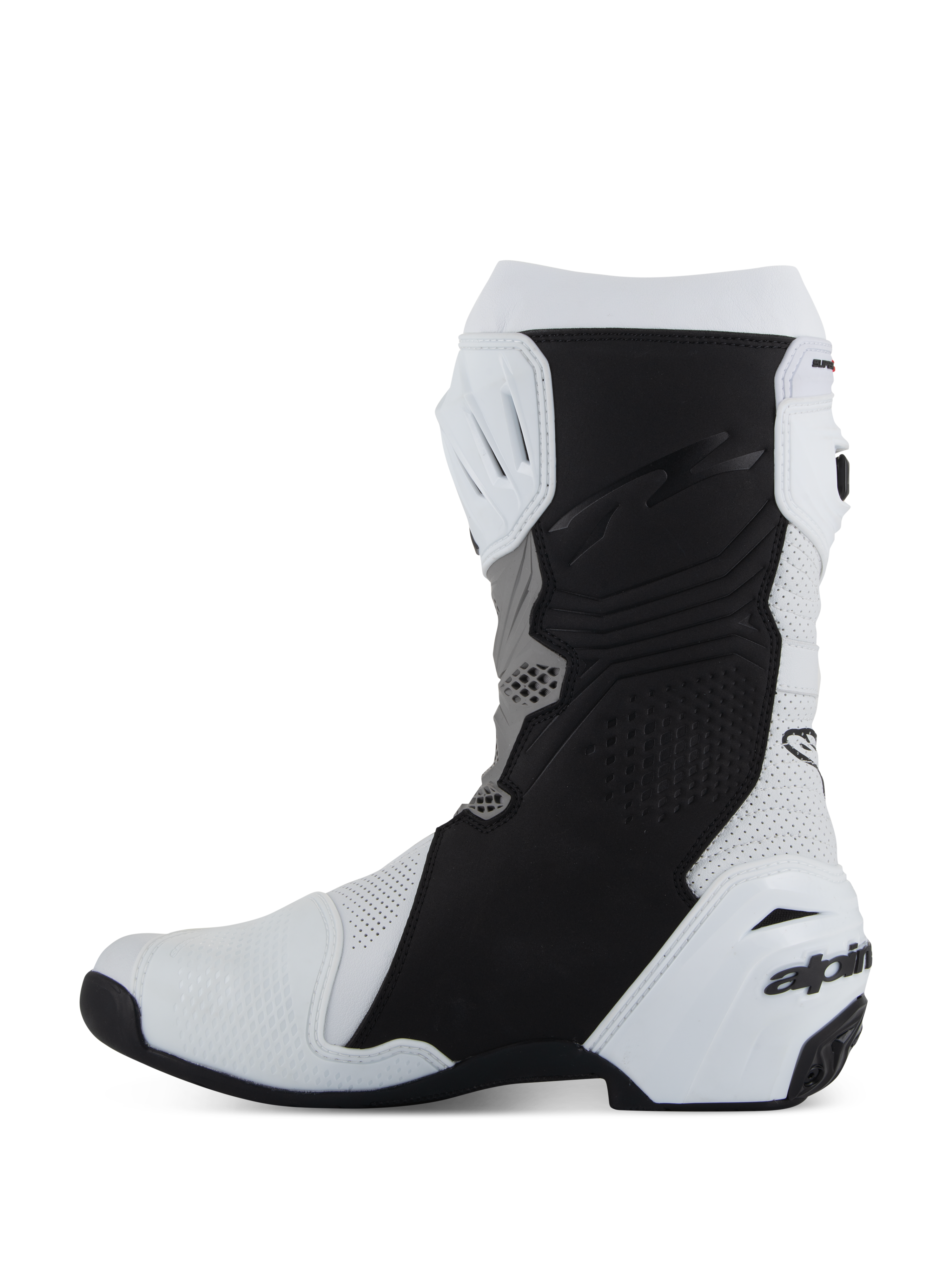Buty Alpinestars Supertech R Vented, sportowe obuwie motocyklowe, białe, średnioszare i czarne, widok z profilu od strony wewnętrznej z perforowaną mikrofibrą dla przepływu powietrza, czarnymi ochronnymi panelami przyczepnymi i białym ochraniaczem pięty TPU z logo