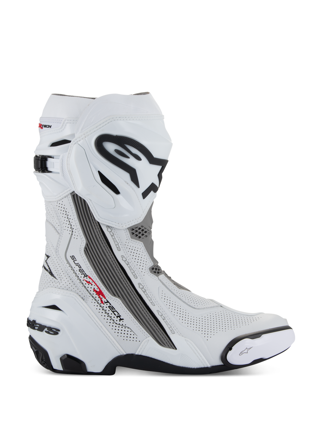 Alpinestars Supertech R Vented Boots, buty motocyklowe wyścigowe, białe z szarymi i czarnymi akcentami, widok z profilu bocznego prezentujący perforowane panele z mikrofibry zapewniające przepływ powietrza, duże czarno-białe logo Alpinestars na goleni, aerodynamiczny design z wymiennymi sliderami i czarną gumową podeszwą.