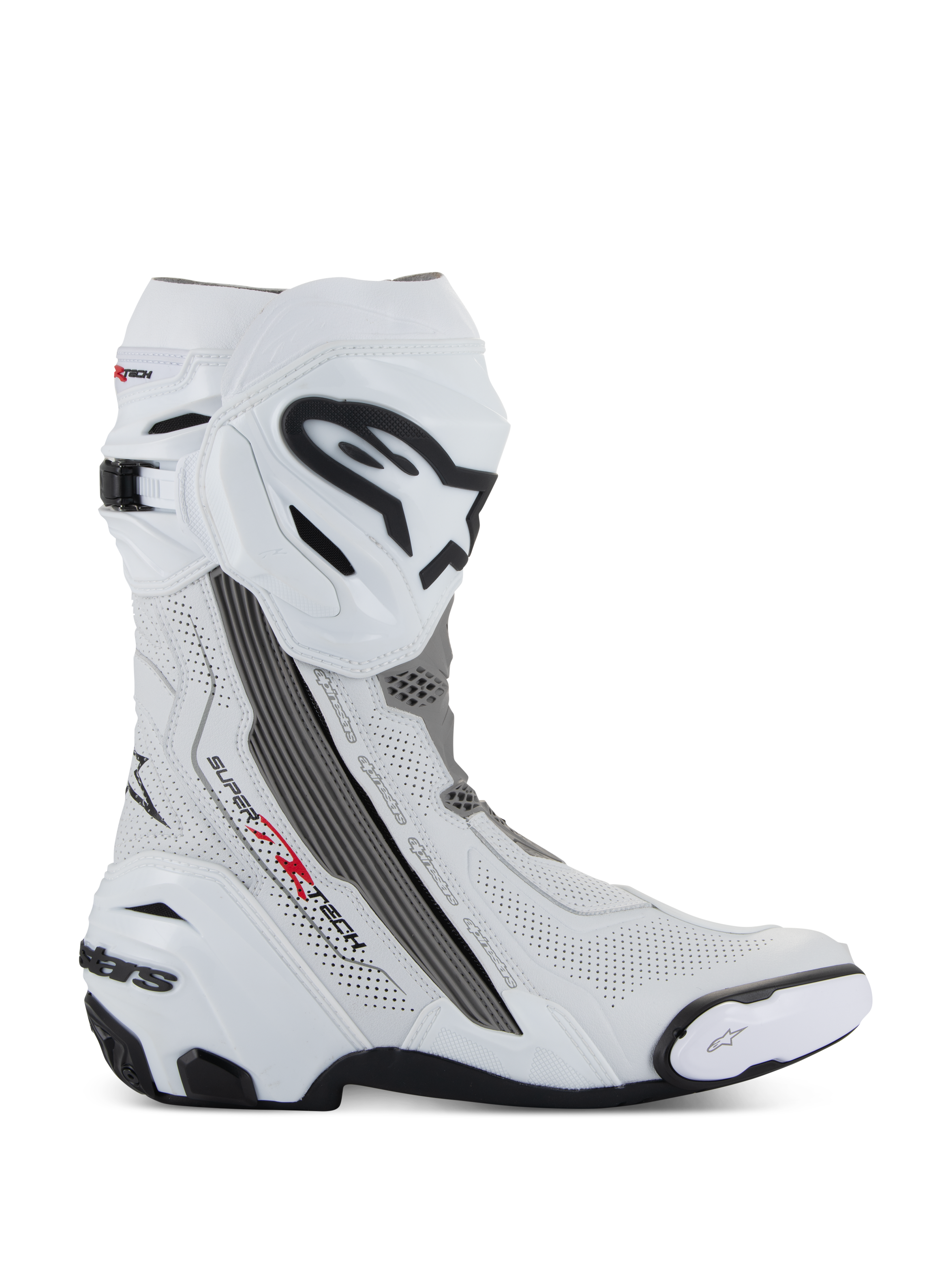Alpinestars Supertech R Vented Boots, buty motocyklowe wyścigowe, białe z szarymi i czarnymi akcentami, widok z profilu bocznego prezentujący perforowane panele z mikrofibry zapewniające przepływ powietrza, duże czarno-białe logo Alpinestars na goleni, aerodynamiczny design z wymiennymi sliderami i czarną gumową podeszwą.