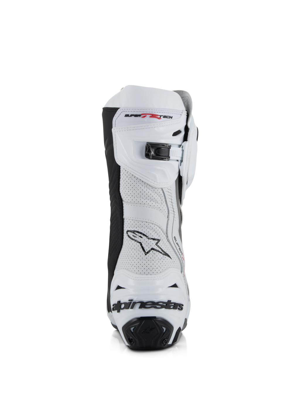 Alpinestars Supertech R Vented Boots, biało-szaro-czarne, widok z tyłu, cholewka z perforowanej mikrofibry, mikroregulowane zapięcie zapadkowe na górze, zintegrowana ochrona pięty z logo Alpinestars.
