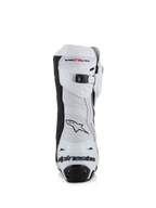 Alpinestars Supertech R Vented Boots, biało-szaro-czarne, widok z tyłu, cholewka z perforowanej mikrofibry, mikroregulowane zapięcie zapadkowe na górze, zintegrowana ochrona pięty z logo Alpinestars.