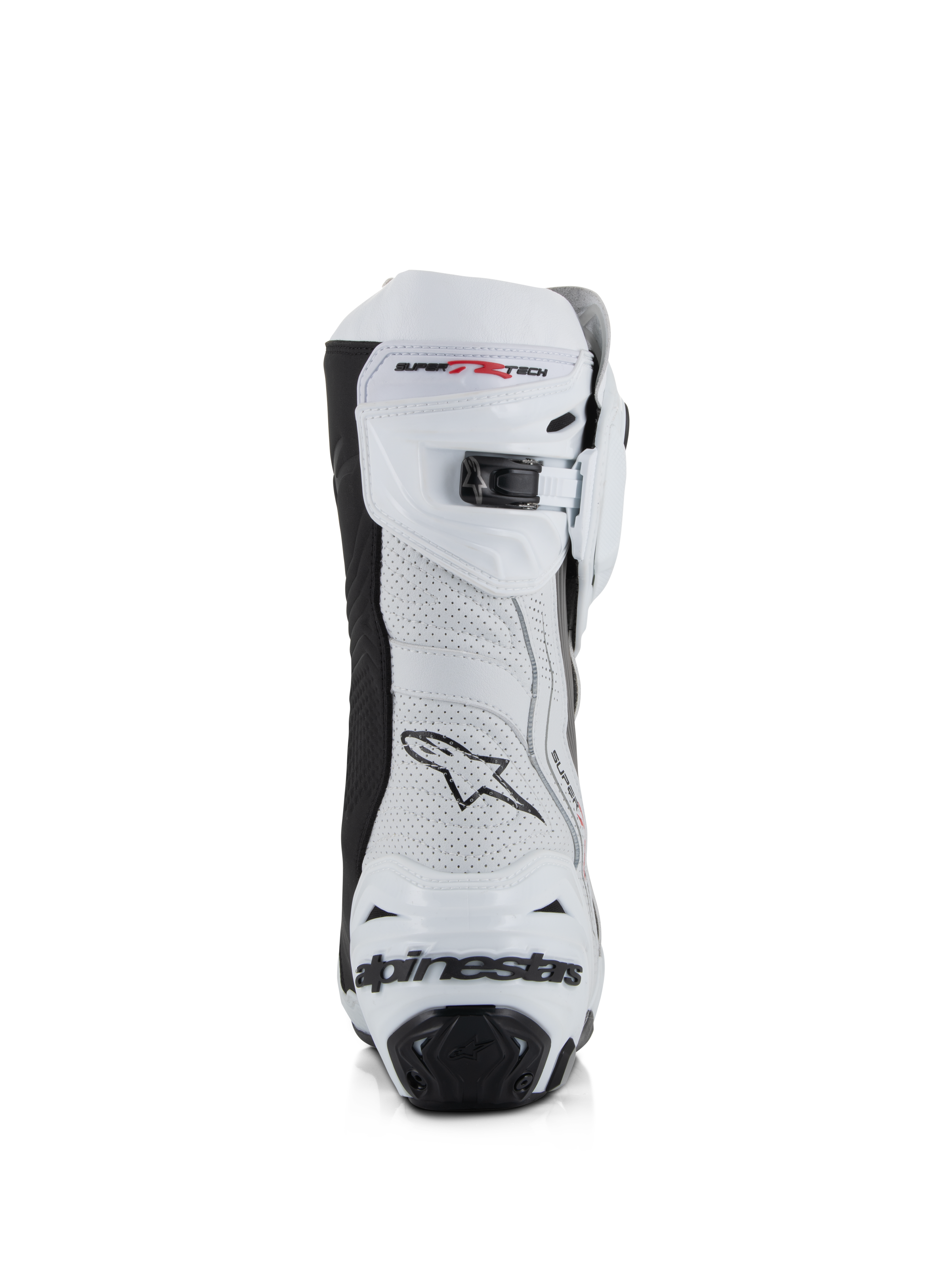 Alpinestars Supertech R Vented Boots, biało-szaro-czarne, widok z tyłu, cholewka z perforowanej mikrofibry, mikroregulowane zapięcie zapadkowe na górze, zintegrowana ochrona pięty z logo Alpinestars.