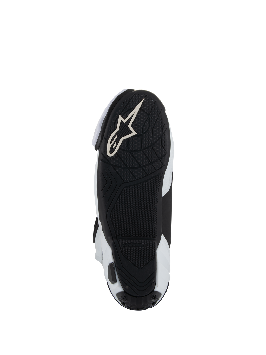Podeszwa butów Alpinestars Supertech R Vented, czarna lekka gumowa podeszwa zewnętrzna z teksturowanym bieżnikiem zapewniającym przyczepność na podnóżkach, białe logo Alpinestars Astar, biało-czarna kolorystyka