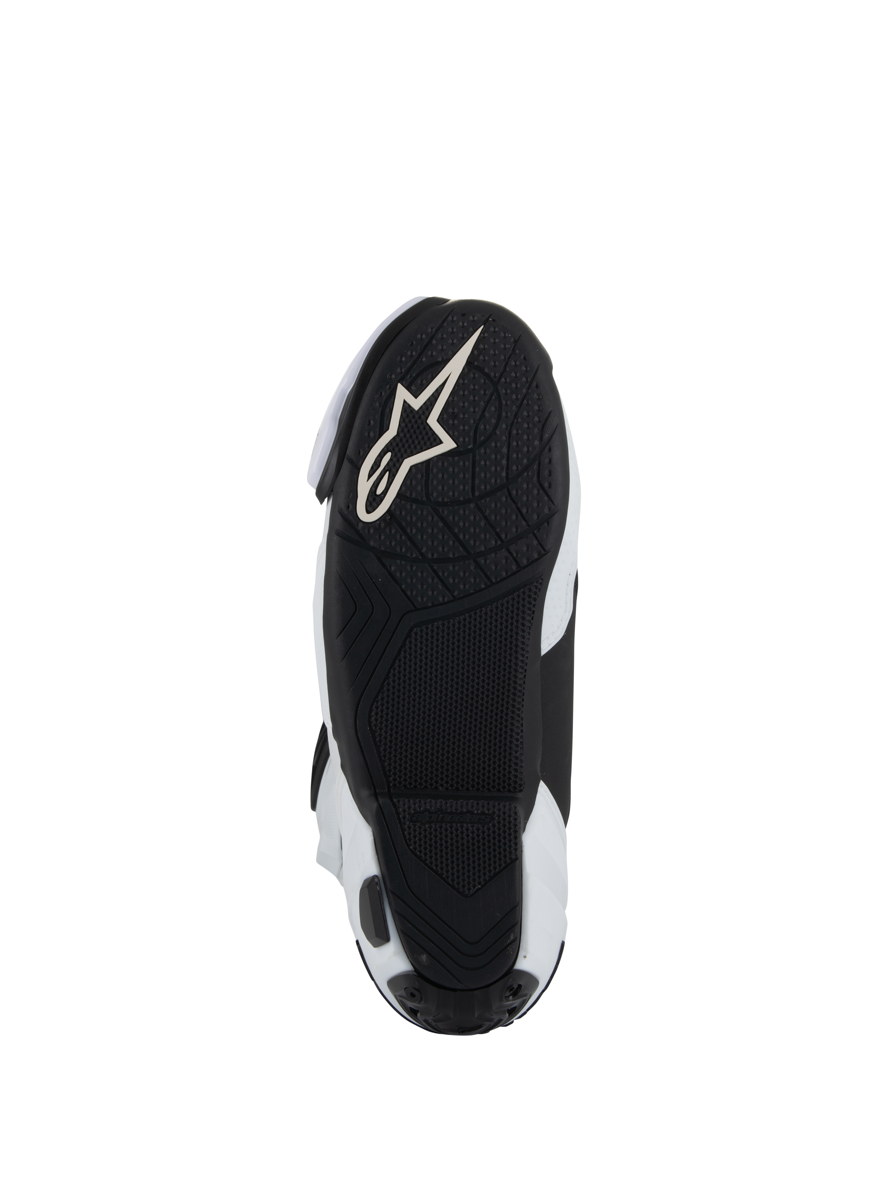 Podeszwa butów Alpinestars Supertech R Vented, czarna lekka gumowa podeszwa zewnętrzna z teksturowanym bieżnikiem zapewniającym przyczepność na podnóżkach, białe logo Alpinestars Astar, biało-czarna kolorystyka