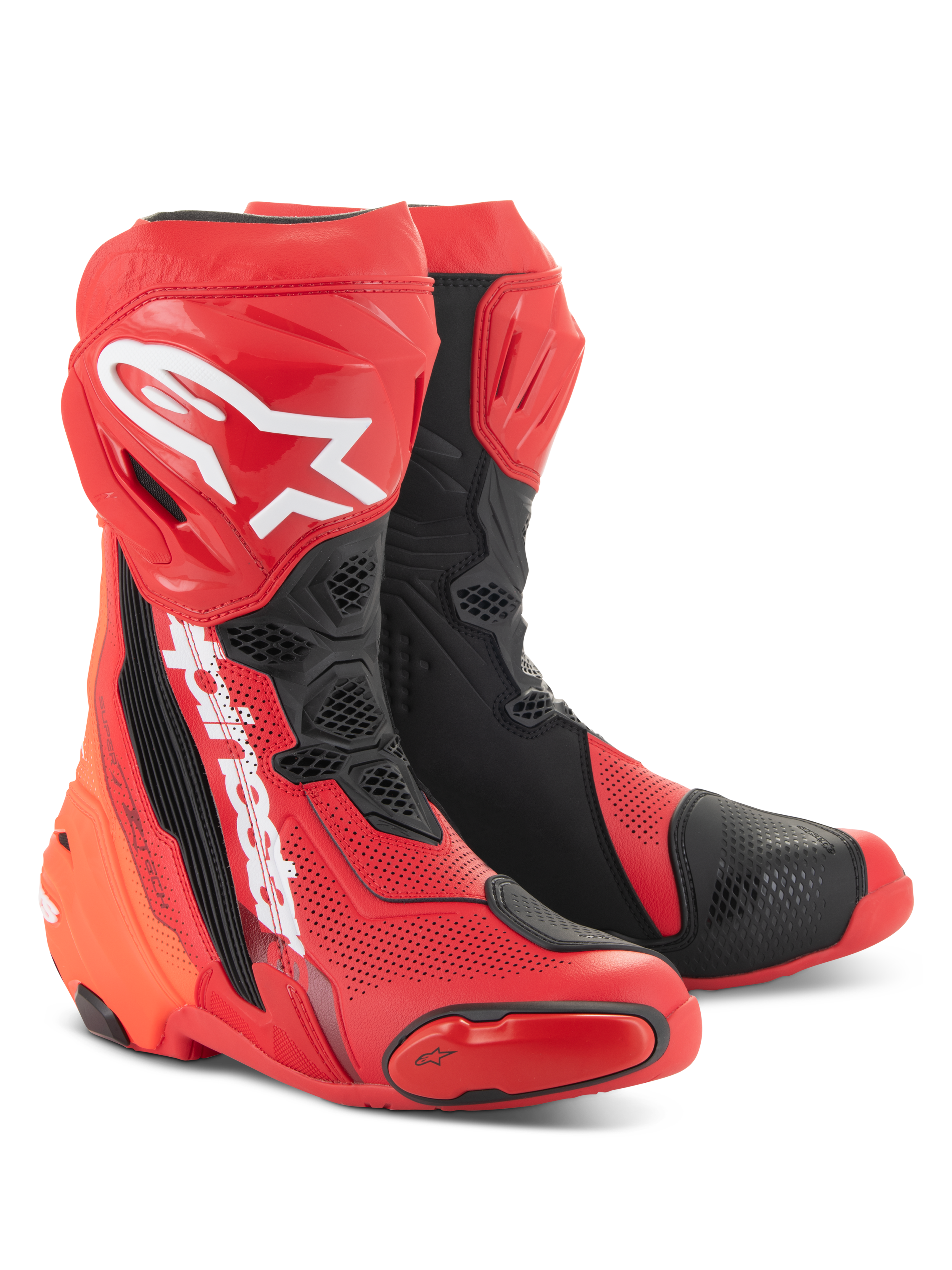 Buty Alpinestars Supertech R Vented, jaskrawoczerwone i czarne, wyczynowe wyścigowe buty motocyklowe z licznymi perforacjami, białe logo A-star na goleniu i wytrzymałe panele ochronne TPU