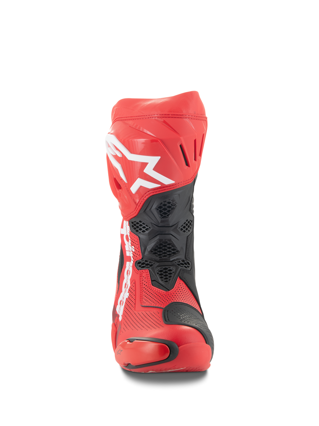 Buty Alpinestars Supertech R Vented, widok z przodu, jasnoczerwone i czerwone fluo z czarnymi akcentami, białe logo Alpinestars na goleni, perforowana konstrukcja z mikrofibry zapewniająca przepływ powietrza, ochronne panele TPU, buty wyścigowe