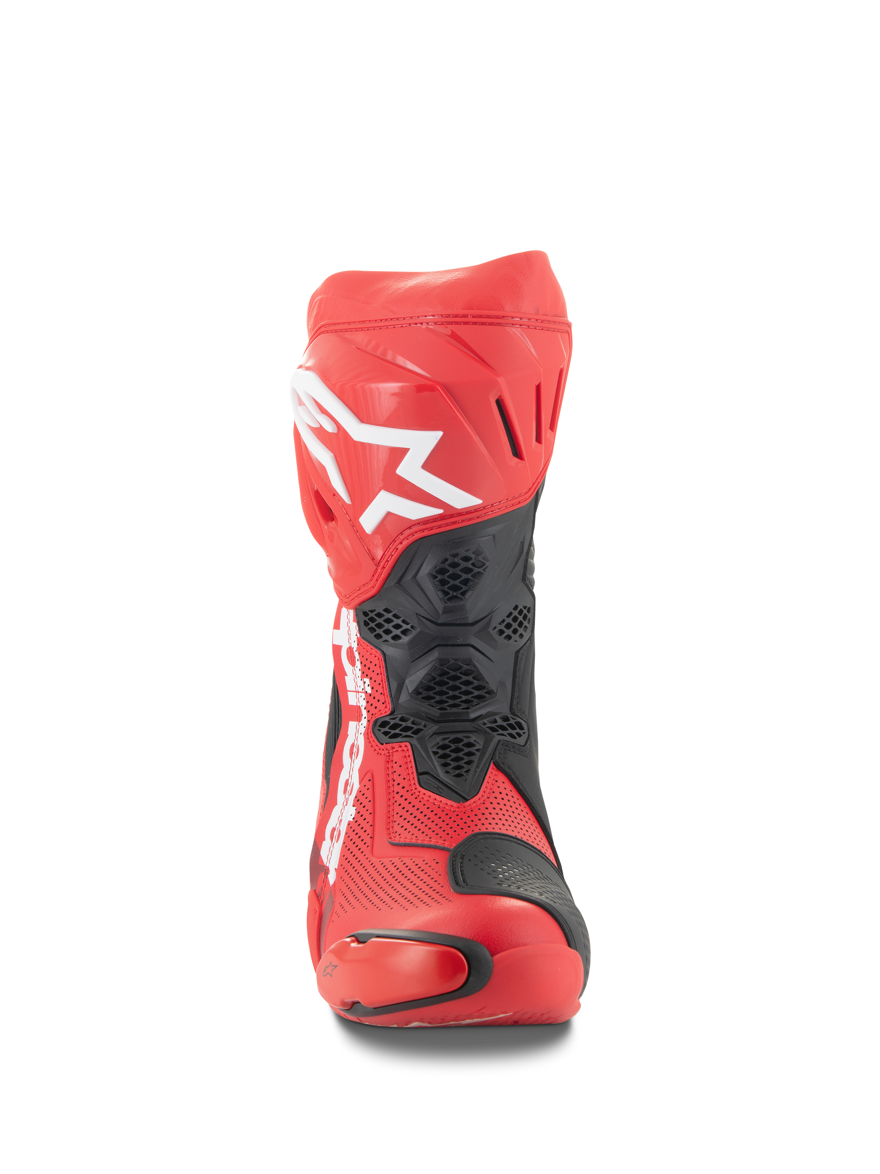 Buty Alpinestars Supertech R Vented, widok z przodu, jasnoczerwone i czerwone fluo z czarnymi akcentami, białe logo Alpinestars na goleni, perforowana konstrukcja z mikrofibry zapewniająca przepływ powietrza, ochronne panele TPU, buty wyścigowe