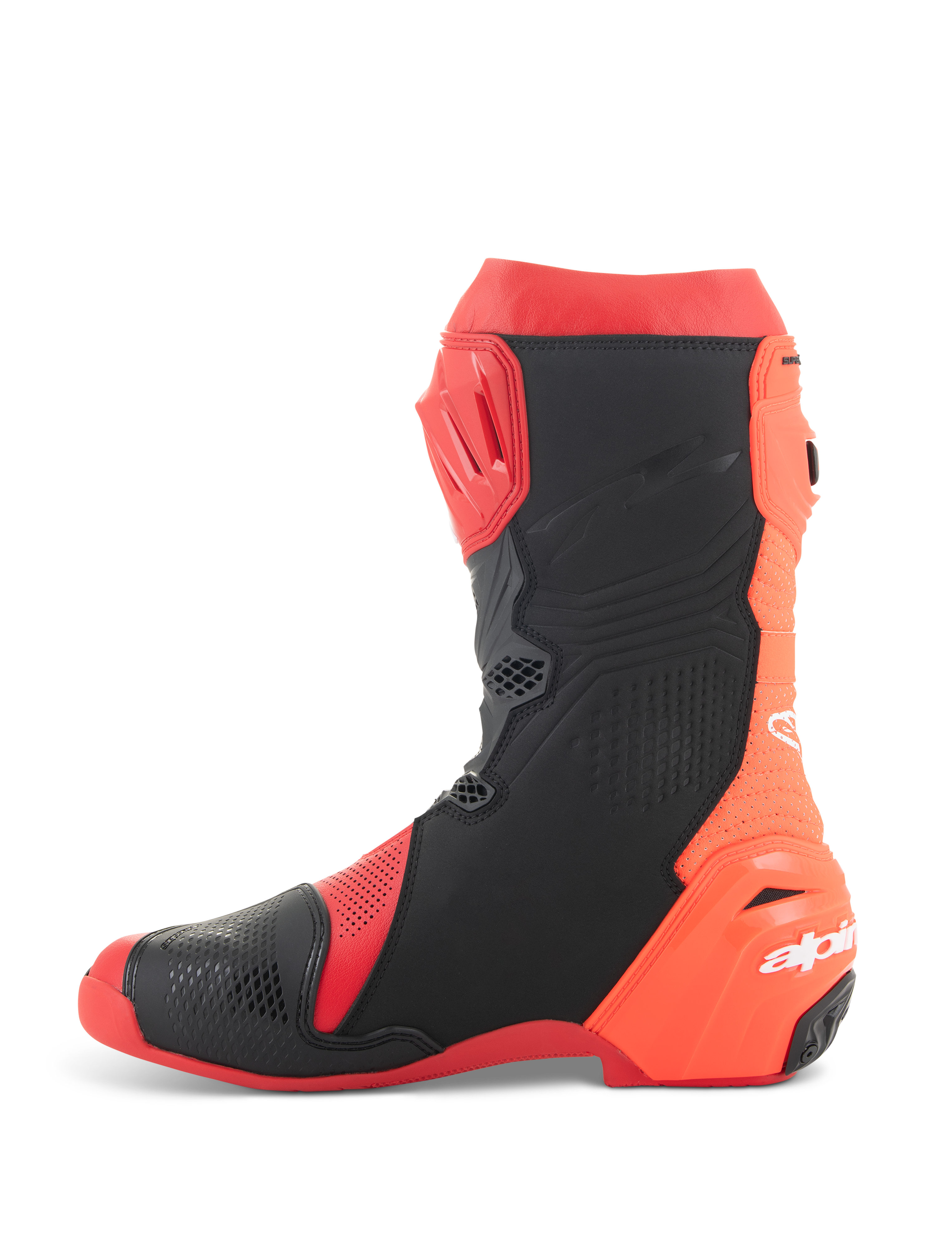 Alpinestars Supertech R Vented Boots, wyścigowe buty motocyklowe, jaskrawoczerwone i czerwone fluo z czarnymi akcentami, widok z boku z licznymi perforacjami dla maksymalnego przepływu powietrza i panelami ochronnymi TPU