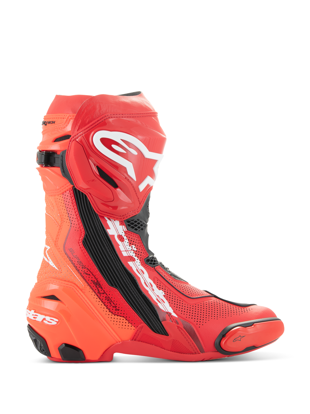 Alpinestars Supertech R Vented, buty motocyklowe wyścigowe, jasnoczerwone i czerwone neonowe (Red Fluo) z białymi i czarnymi akcentami, widok z boku pokazujący liczne perforacje zapewniające oddychalność, białe logo Astar na goleni, slidery TPU na palcach i pięcie, profesjonalne obuwie torowe
