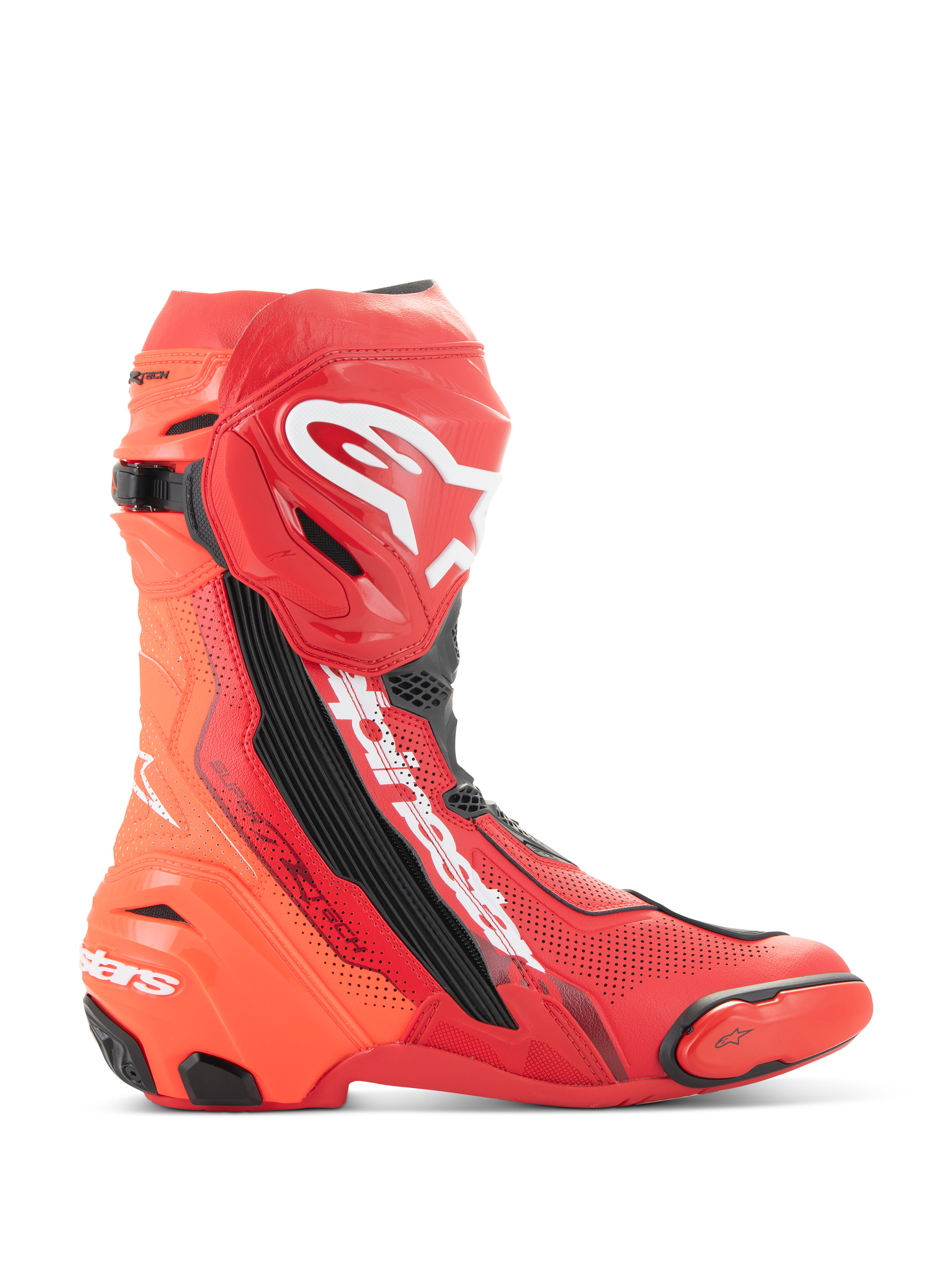 Alpinestars Supertech R Vented, buty motocyklowe wyścigowe, jasnoczerwone i czerwone neonowe (Red Fluo) z białymi i czarnymi akcentami, widok z boku pokazujący liczne perforacje zapewniające oddychalność, białe logo Astar na goleni, slidery TPU na palcach i pięcie, profesjonalne obuwie torowe