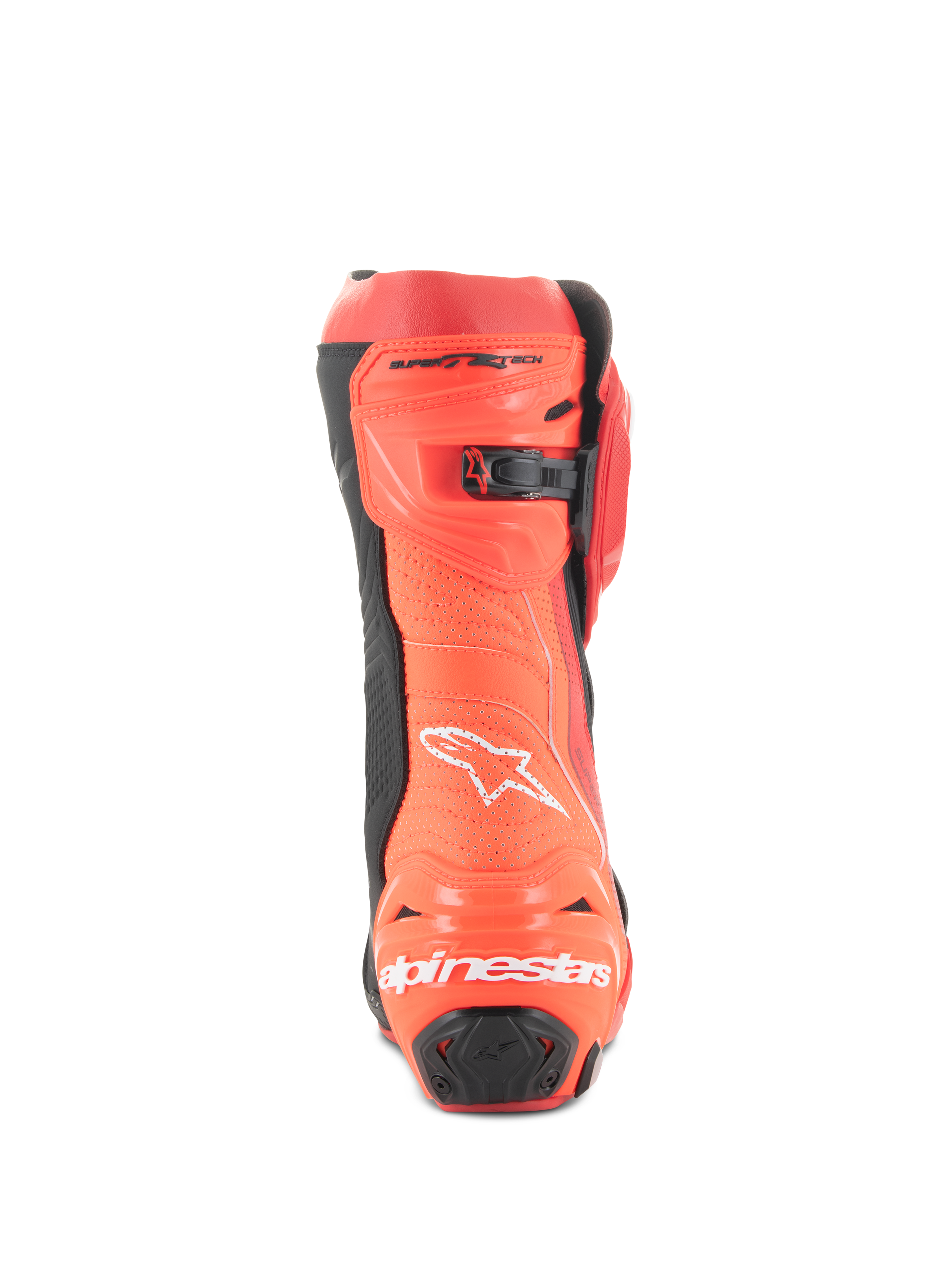 Alpinestars Supertech R Vented Boots, wyścigowe buty motocyklowe, jaskrawoczerwone i czerwone fluo, widok z tyłu przedstawiający perforowaną konstrukcję dla wentylacji, ochraniacze pięty TPU oraz białe logo Alpinestars