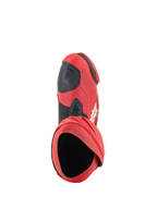 Alpinestars Supertech R Vented Boots, buty wyścigowe, jaskrawoczerwone i czerwone fluo, widok z góry pokazujący otwór buta, perforowana cholewka z mikrofibry z czarną nakładką pod dźwignię zmiany biegów, profesjonalne obuwie wyścigowe na tor i drogę