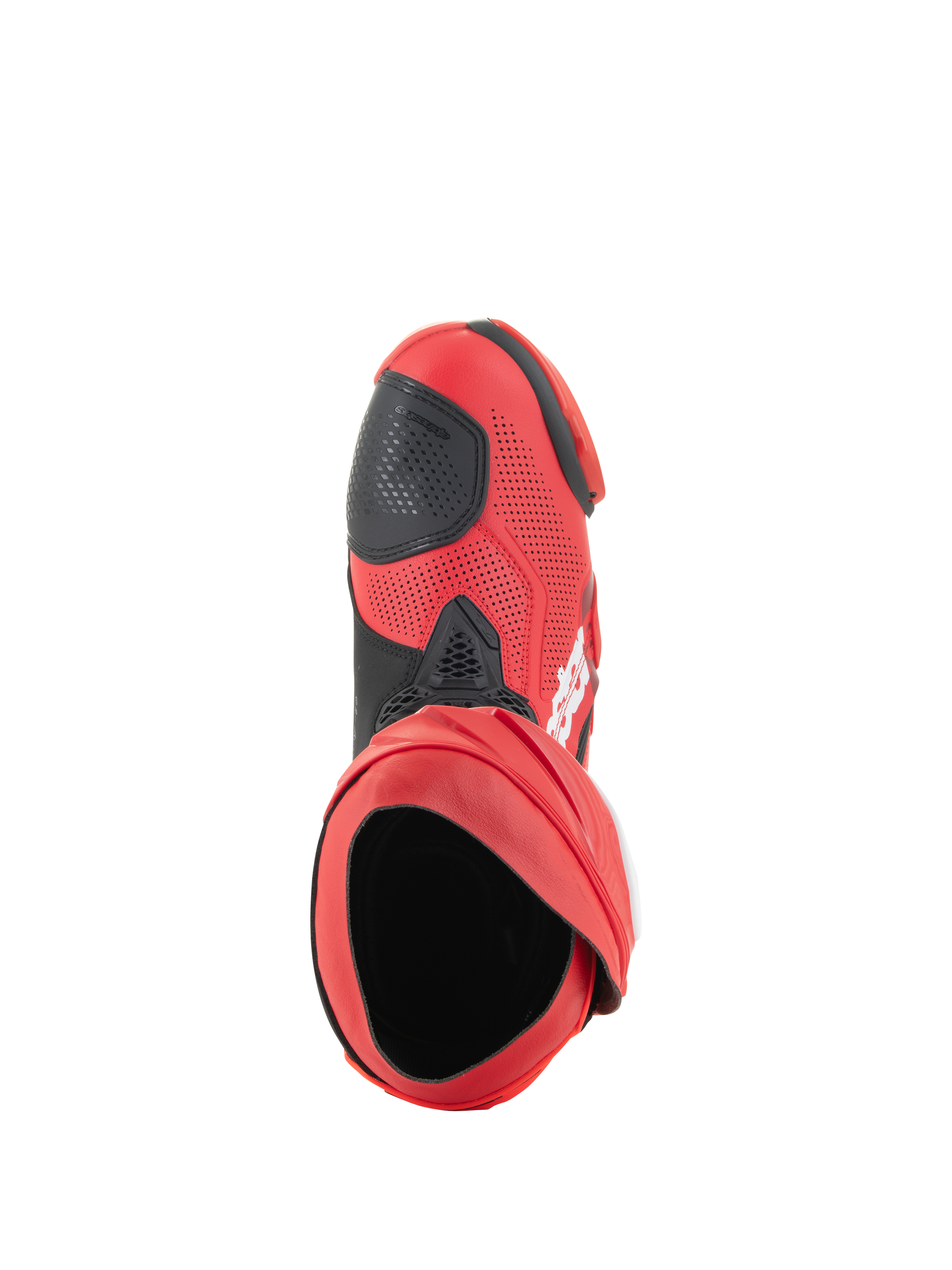 Alpinestars Supertech R Vented Boots, buty wyścigowe, jaskrawoczerwone i czerwone fluo, widok z góry pokazujący otwór buta, perforowana cholewka z mikrofibry z czarną nakładką pod dźwignię zmiany biegów, profesjonalne obuwie wyścigowe na tor i drogę