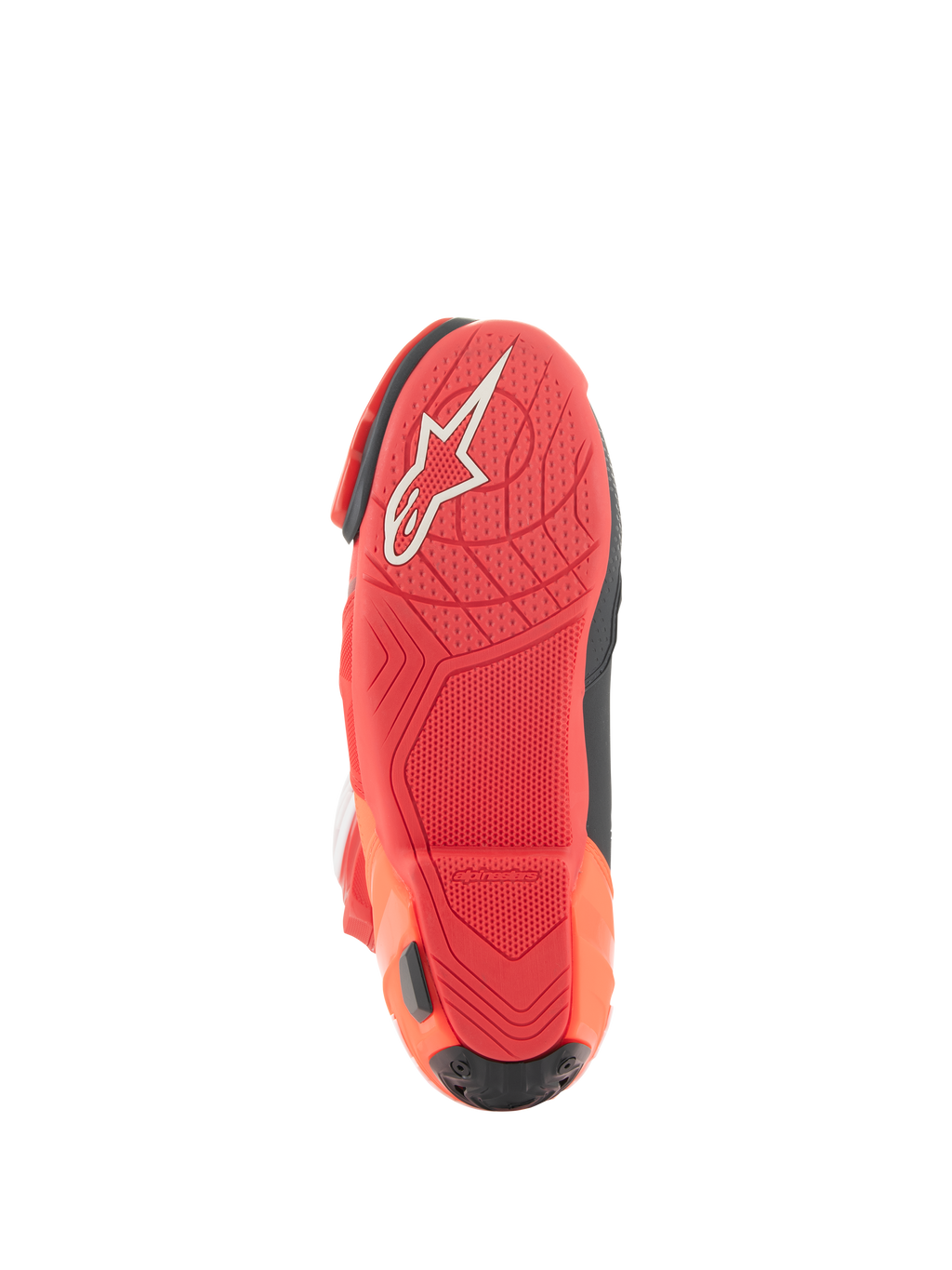 Alpinestars Supertech R Vented Boots, buty wyścigowe, jaskrawoczerwone i czerwone fluo, widok podeszwy z lekkiej mieszanki gumowej, białe logo Alpinestars, teksturowany wzór zapewniający przyczepność do podnóżków motocykla