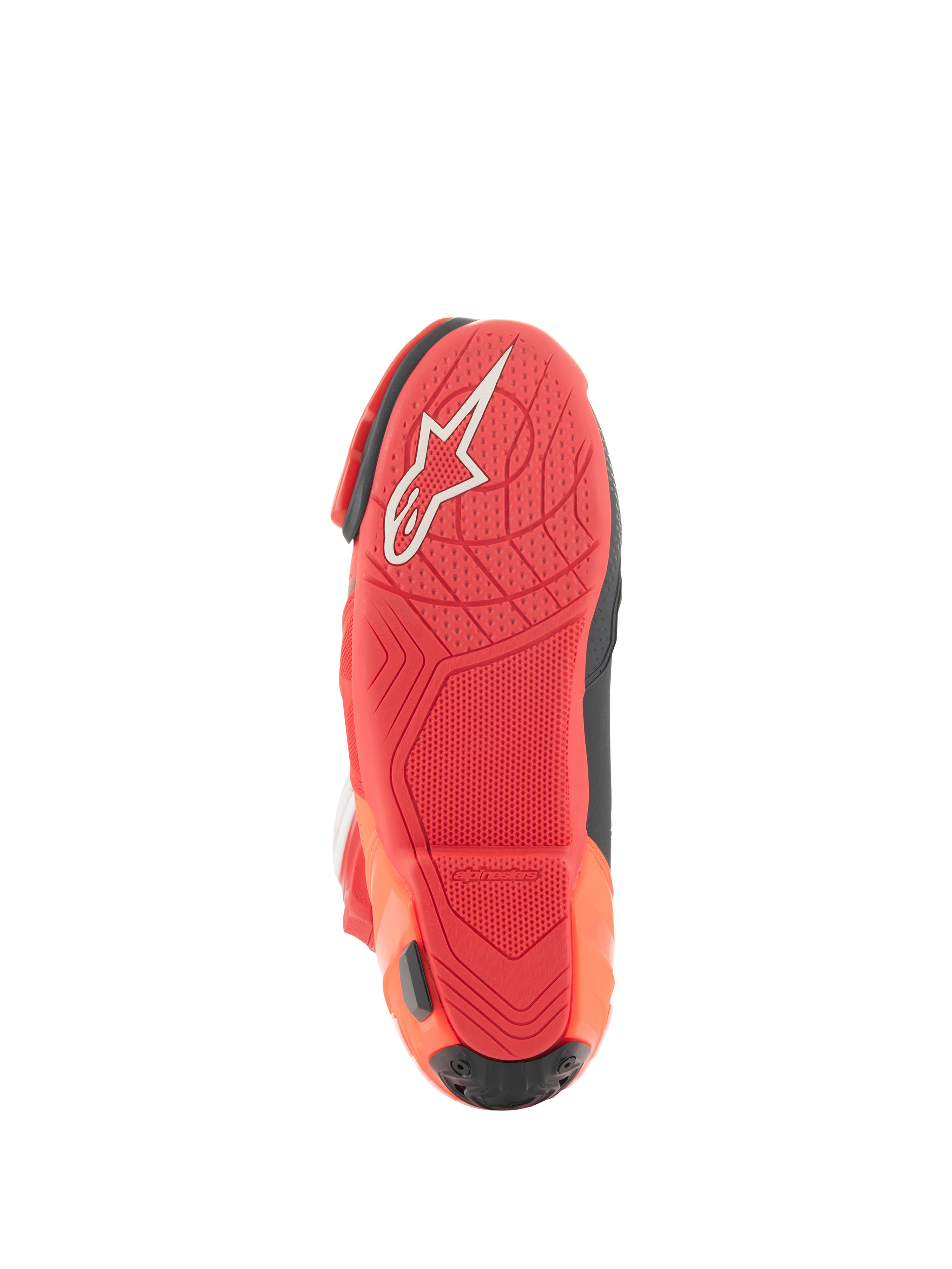 Alpinestars Supertech R Vented Boots, buty wyścigowe, jaskrawoczerwone i czerwone fluo, widok podeszwy z lekkiej mieszanki gumowej, białe logo Alpinestars, teksturowany wzór zapewniający przyczepność do podnóżków motocykla
