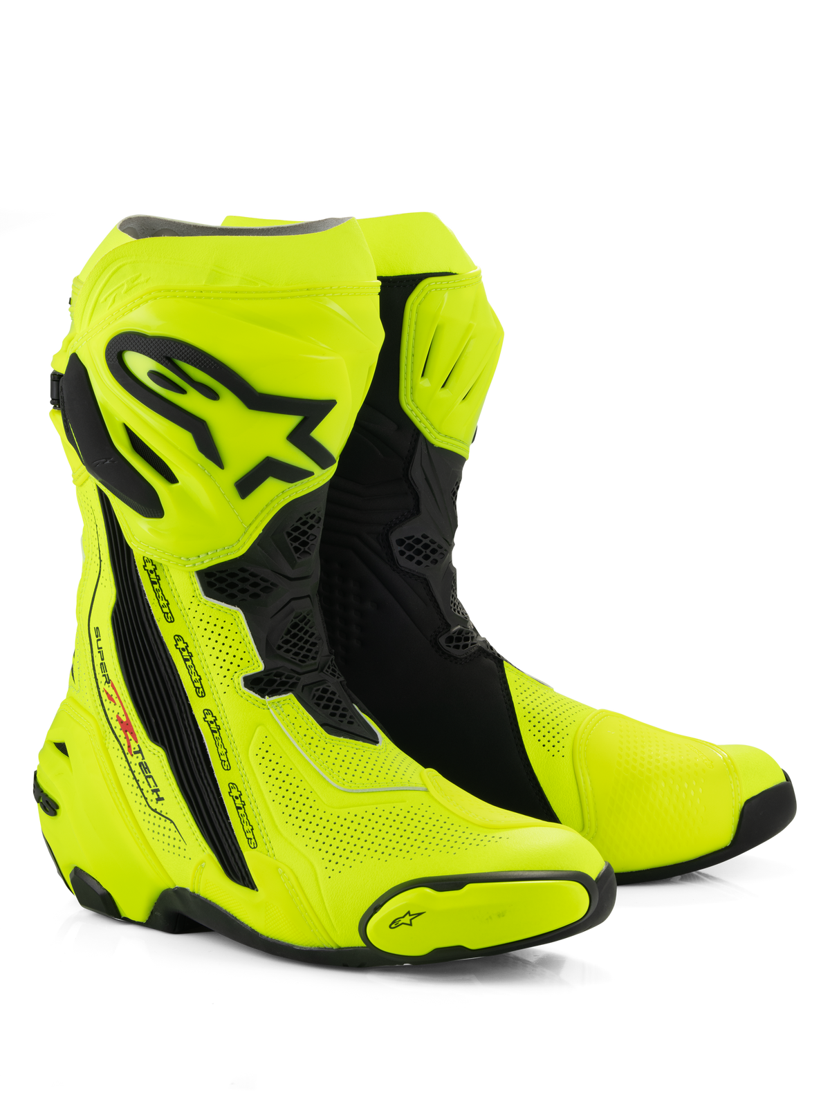 Alpinestars Supertech R Vented Boots, wyścigowe buty motocyklowe, jaskrawożółte fluo i czarne, liczne perforacje zapewniające przepływ powietrza, czarne ochraniacze goleni i pięt z TPU, smukły aerodynamiczny profil do użytku na torze i drodze