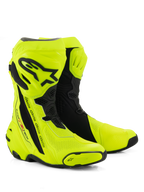 Alpinestars Supertech R Vented Boots, wyścigowe buty motocyklowe, jaskrawożółte fluo i czarne, liczne perforacje zapewniające przepływ powietrza, czarne ochraniacze goleni i pięt z TPU, smukły aerodynamiczny profil do użytku na torze i drodze