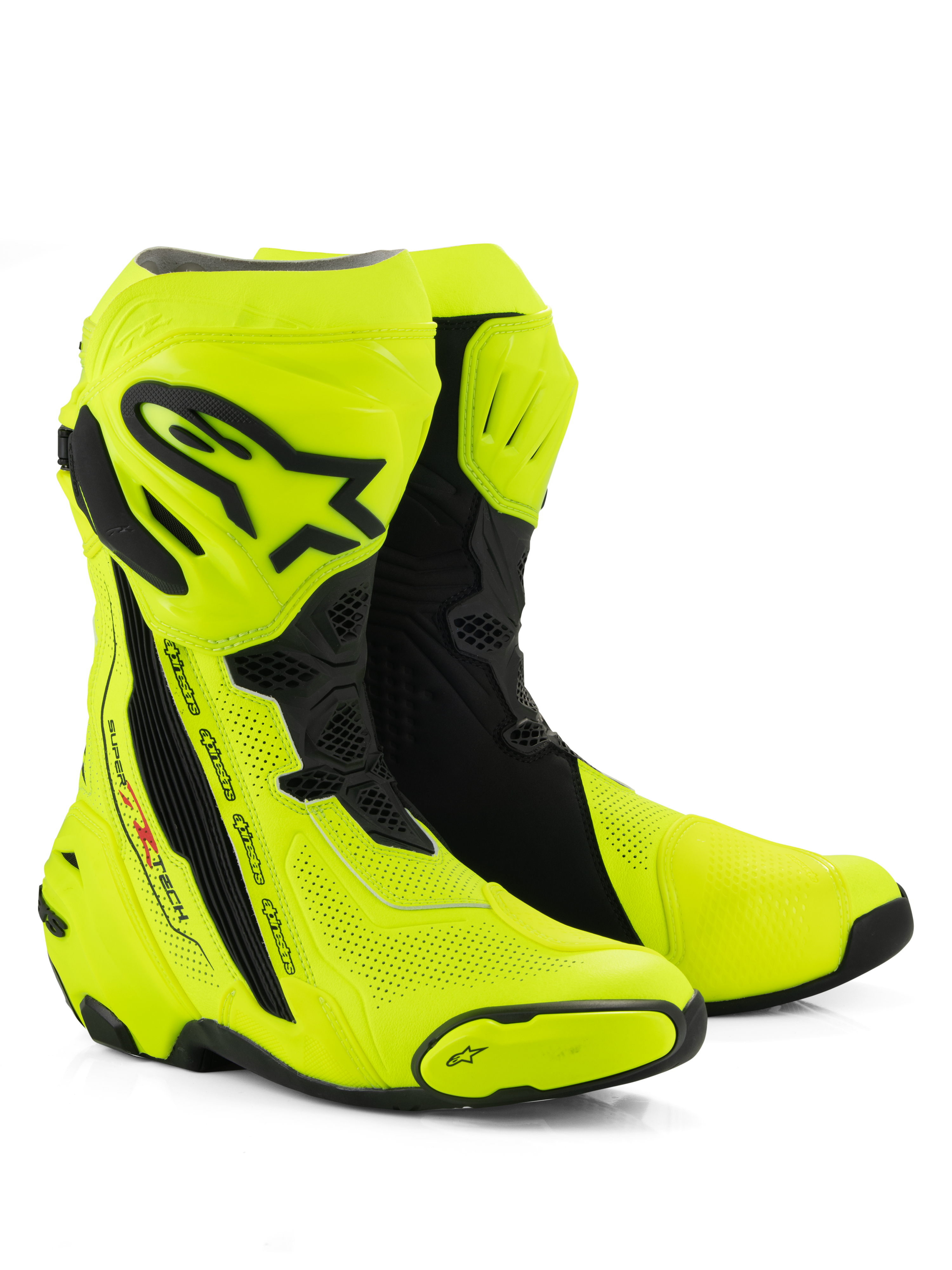 Alpinestars Supertech R Vented Boots, wyścigowe buty motocyklowe, jaskrawożółte fluo i czarne, liczne perforacje zapewniające przepływ powietrza, czarne ochraniacze goleni i pięt z TPU, smukły aerodynamiczny profil do użytku na torze i drodze