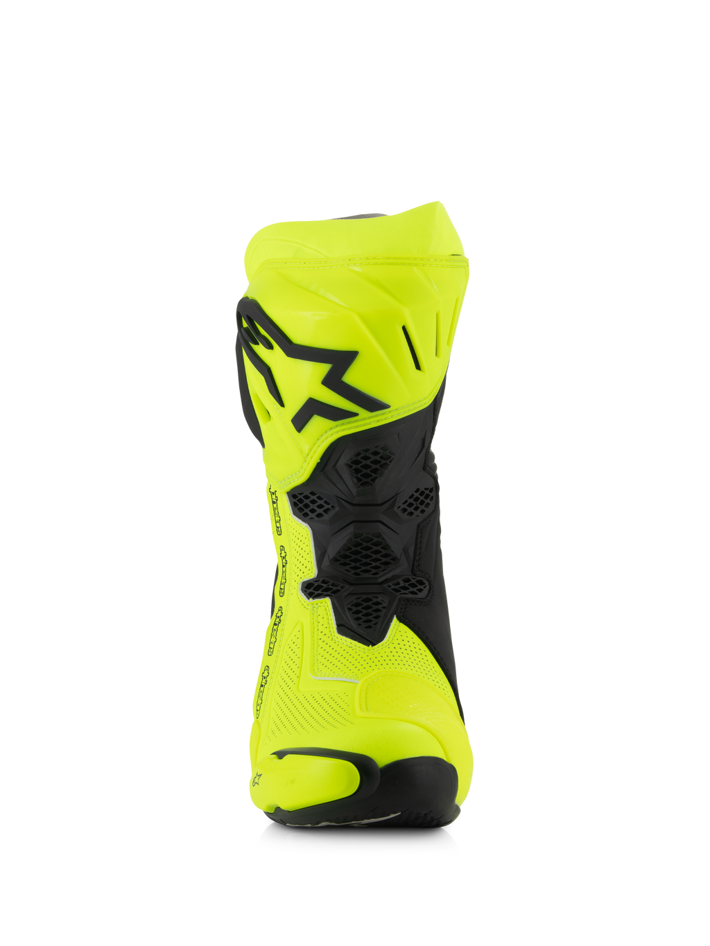 Buty Alpinestars Supertech R Vented, wyścigowe buty motocyklowe, kolor żółty fluo i czarny, widok z przodu przedstawiający perforowaną mikrofibrę, płytę goleniową TPU z czarnym logo gwiazdy i siatkę wentylacyjną dla maksymalnego przepływu powietrza.