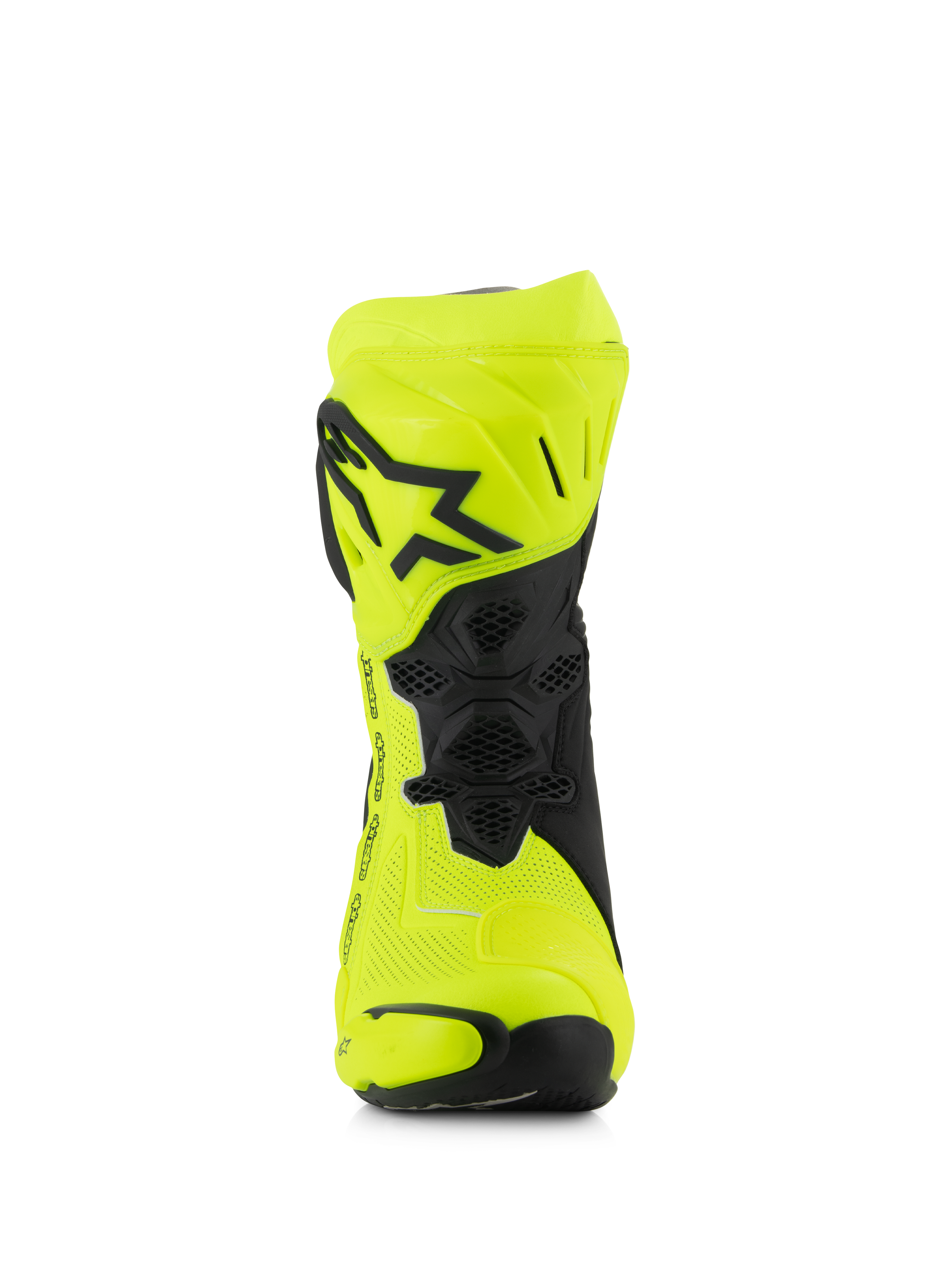 Buty Alpinestars Supertech R Vented, wyścigowe buty motocyklowe, kolor żółty fluo i czarny, widok z przodu przedstawiający perforowaną mikrofibrę, płytę goleniową TPU z czarnym logo gwiazdy i siatkę wentylacyjną dla maksymalnego przepływu powietrza.
