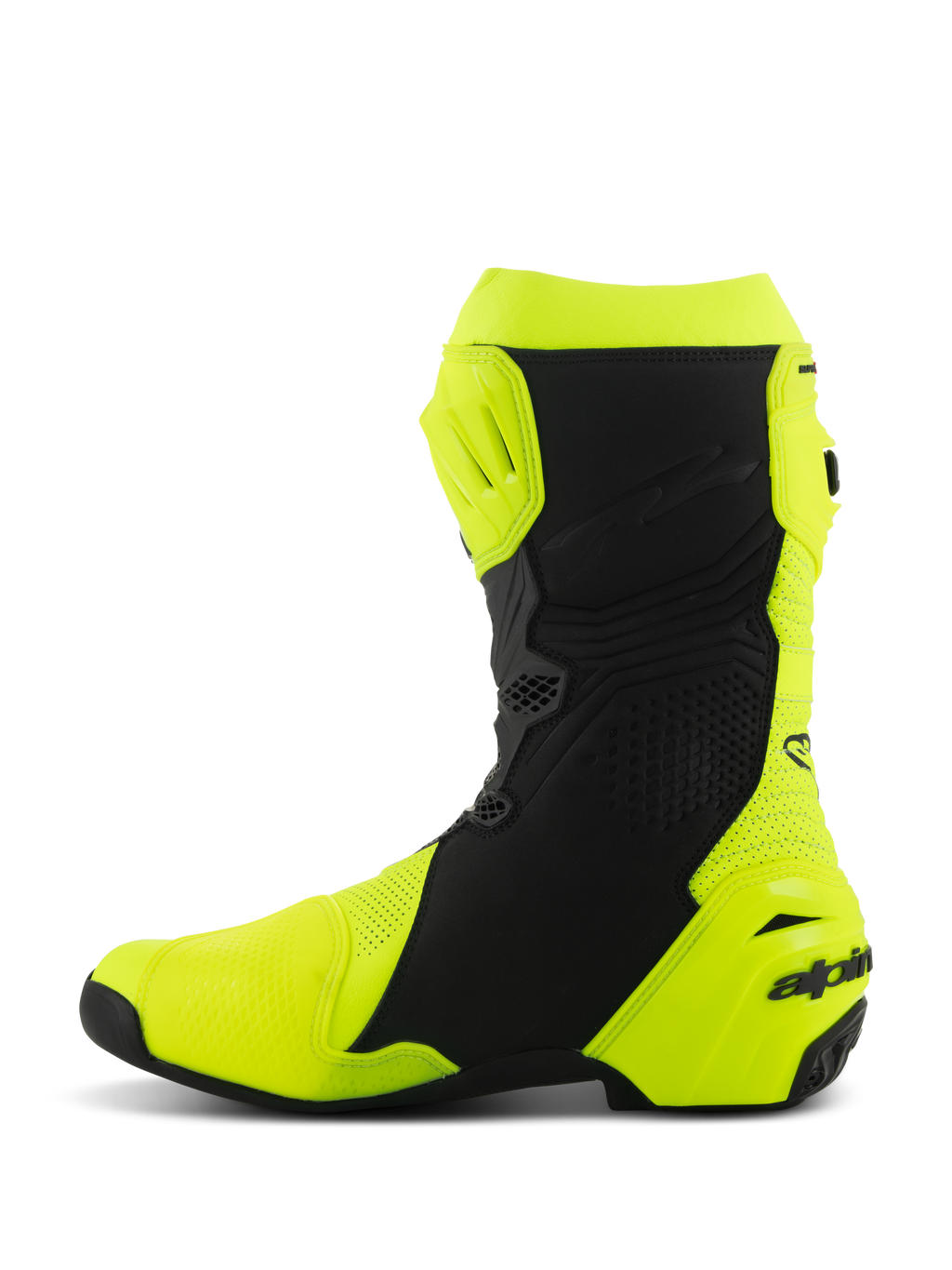 Buty Alpinestars Supertech R Vented, profesjonalne wyścigowe buty motocyklowe, żółte neonowe i czarne, profil od strony wewnętrznej, perforowana konstrukcja z mikrofibry dla wysokiego przepływu powietrza, ochronne płyty TPU na goleni i pięcie, aerodynamiczny design wyścigowy