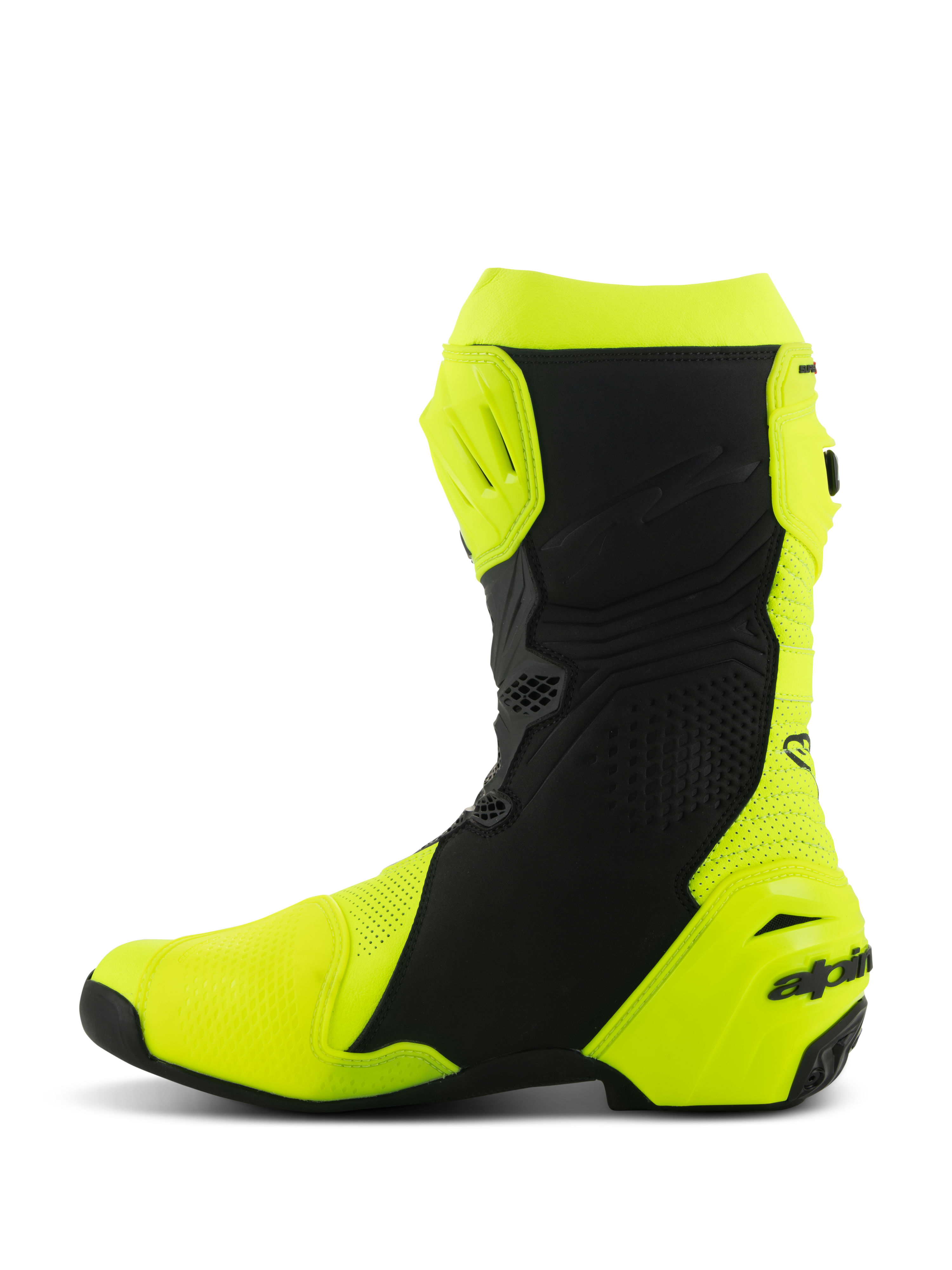Buty Alpinestars Supertech R Vented, profesjonalne wyścigowe buty motocyklowe, żółte neonowe i czarne, profil od strony wewnętrznej, perforowana konstrukcja z mikrofibry dla wysokiego przepływu powietrza, ochronne płyty TPU na goleni i pięcie, aerodynamiczny design wyścigowy
