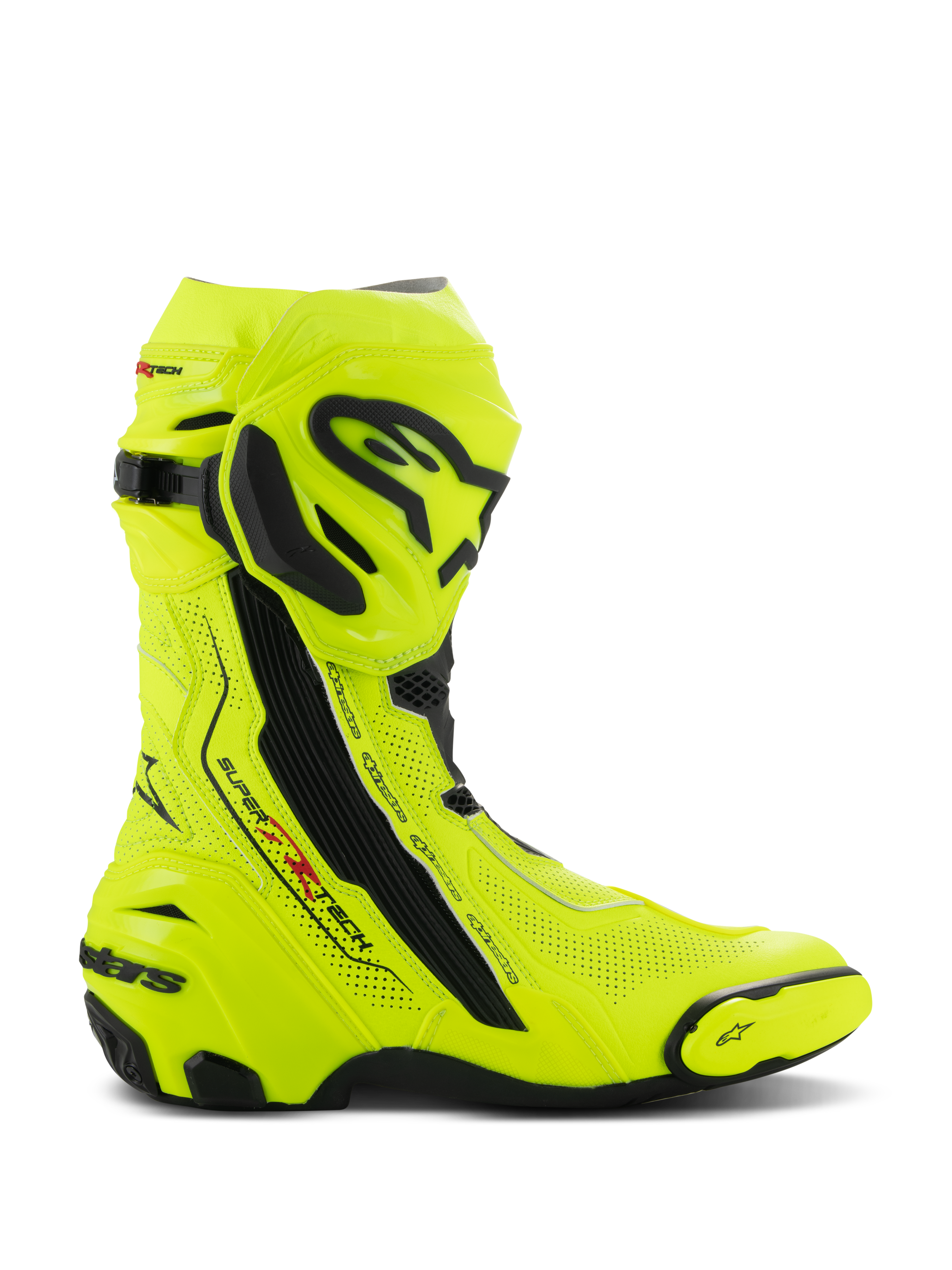 Alpinestars Supertech R Vented Boots, buty motocyklowe wyścigowe, żółte fluo i czarne, cholewka z laserowo perforowanej mikrofibry dla wentylacji, płytka goleniowa TPU i wymienny suwak palców, aerodynamiczny design z wyraźnym brandingiem