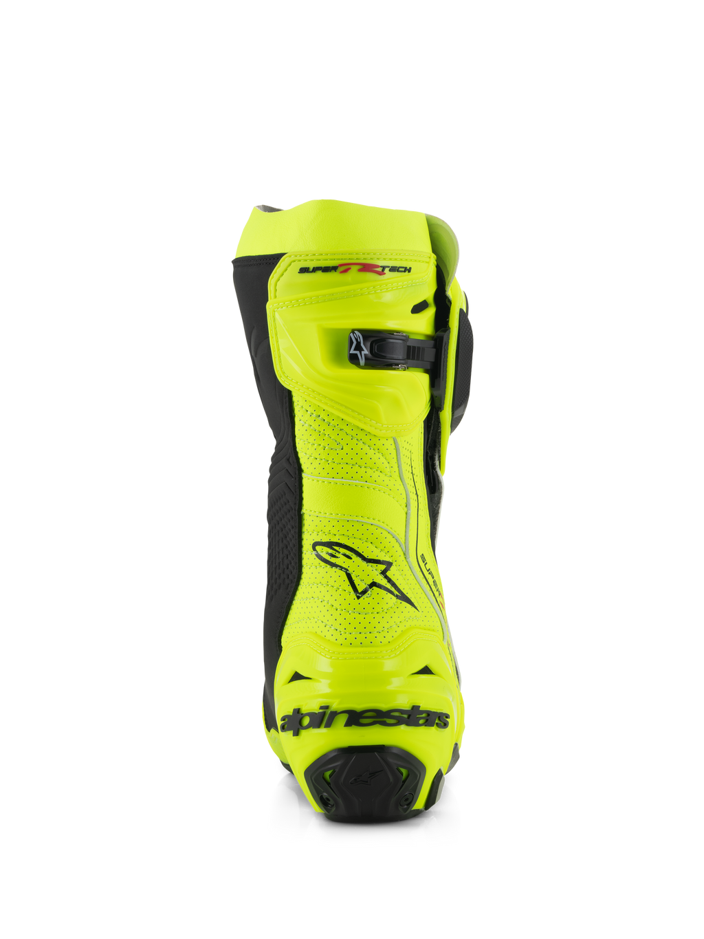 Buty Alpinestars Supertech R Vented, widok z tyłu, żółte neonowe i czarne, konstrukcja z perforowanej mikrofibry, mikroregulowane zapięcie zapadkowe na górze, czarne logo Alpinestars na pięcie, profesjonalne obuwie wyścigowe