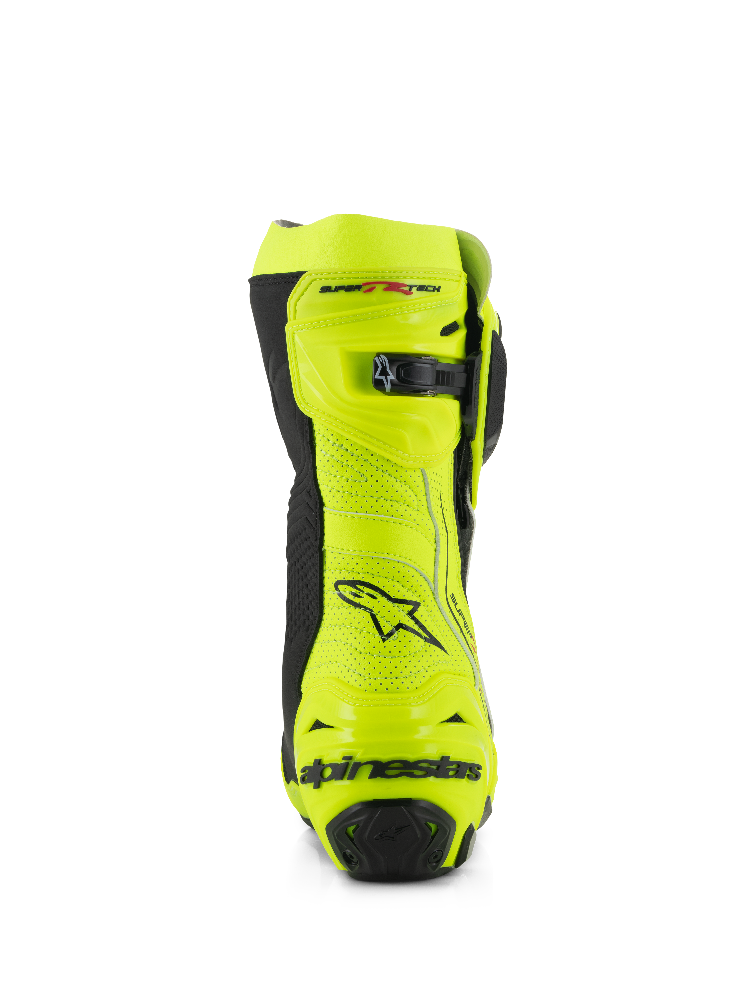 Buty Alpinestars Supertech R Vented, widok z tyłu, żółte neonowe i czarne, konstrukcja z perforowanej mikrofibry, mikroregulowane zapięcie zapadkowe na górze, czarne logo Alpinestars na pięcie, profesjonalne obuwie wyścigowe