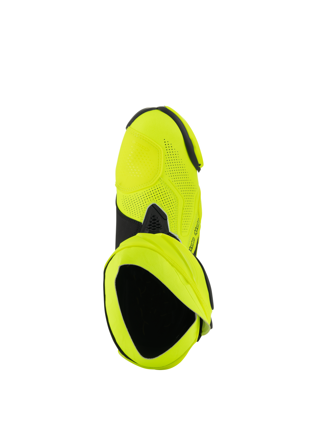 Buty Alpinestars Supertech R Vented, wyścigowe buty motocyklowe, żółty fluo i czarny, widok z góry pokazujący liczne perforacje laserowe oraz otwarcie wewnętrznego buta.