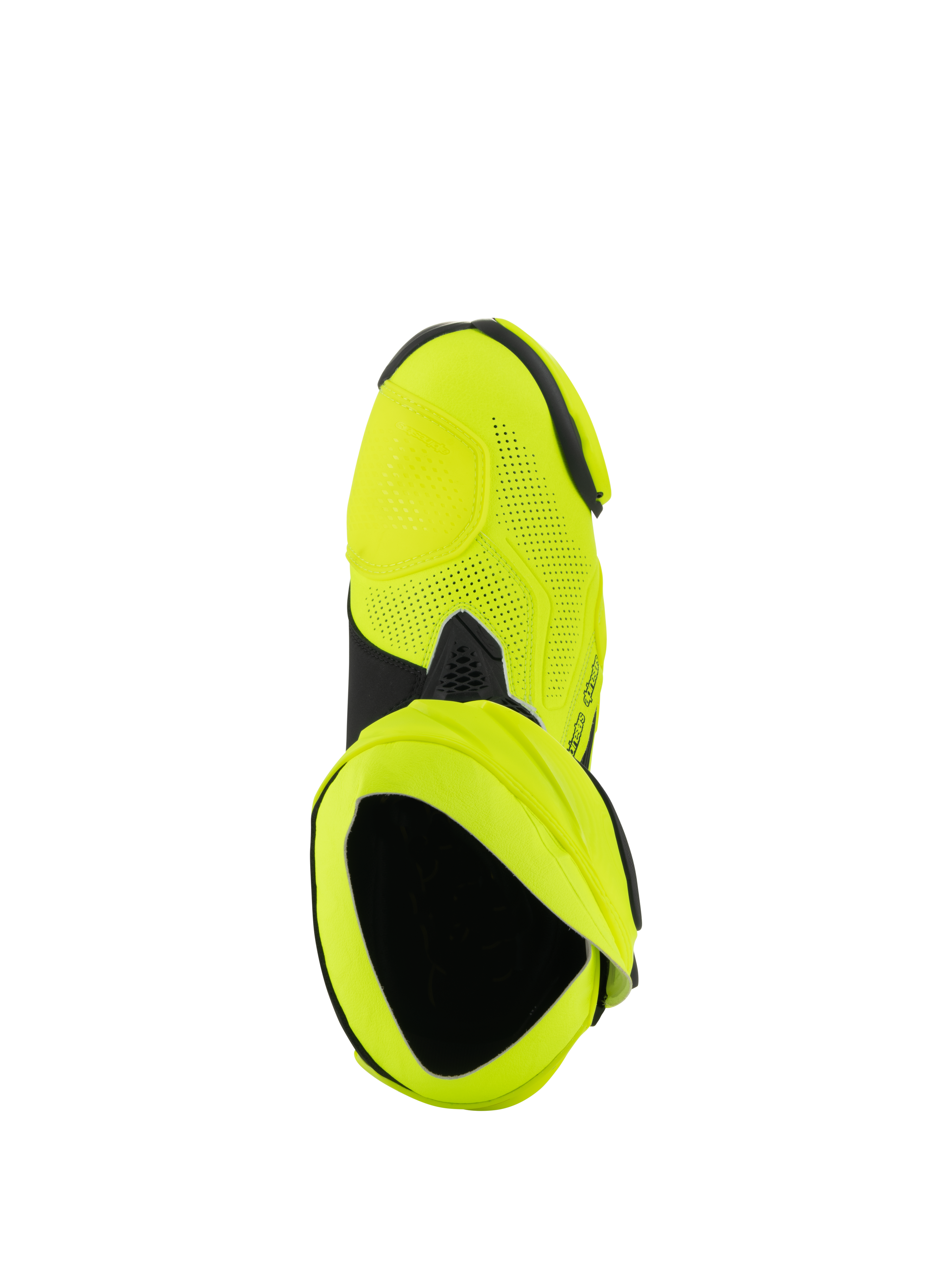 Buty Alpinestars Supertech R Vented, wyścigowe buty motocyklowe, żółty fluo i czarny, widok z góry pokazujący liczne perforacje laserowe oraz otwarcie wewnętrznego buta.