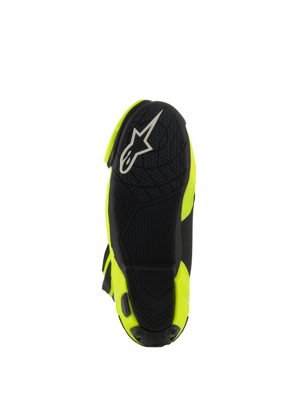 Alpinestars Supertech R Vented Boots, widok od spodu przedstawiający czarną gumową podeszwę, teksturowany wzór przyczepności na podnóżki, białe logo A-star, wyścigowe buty motocyklowe w kolorze żółtym fluo i czarnym