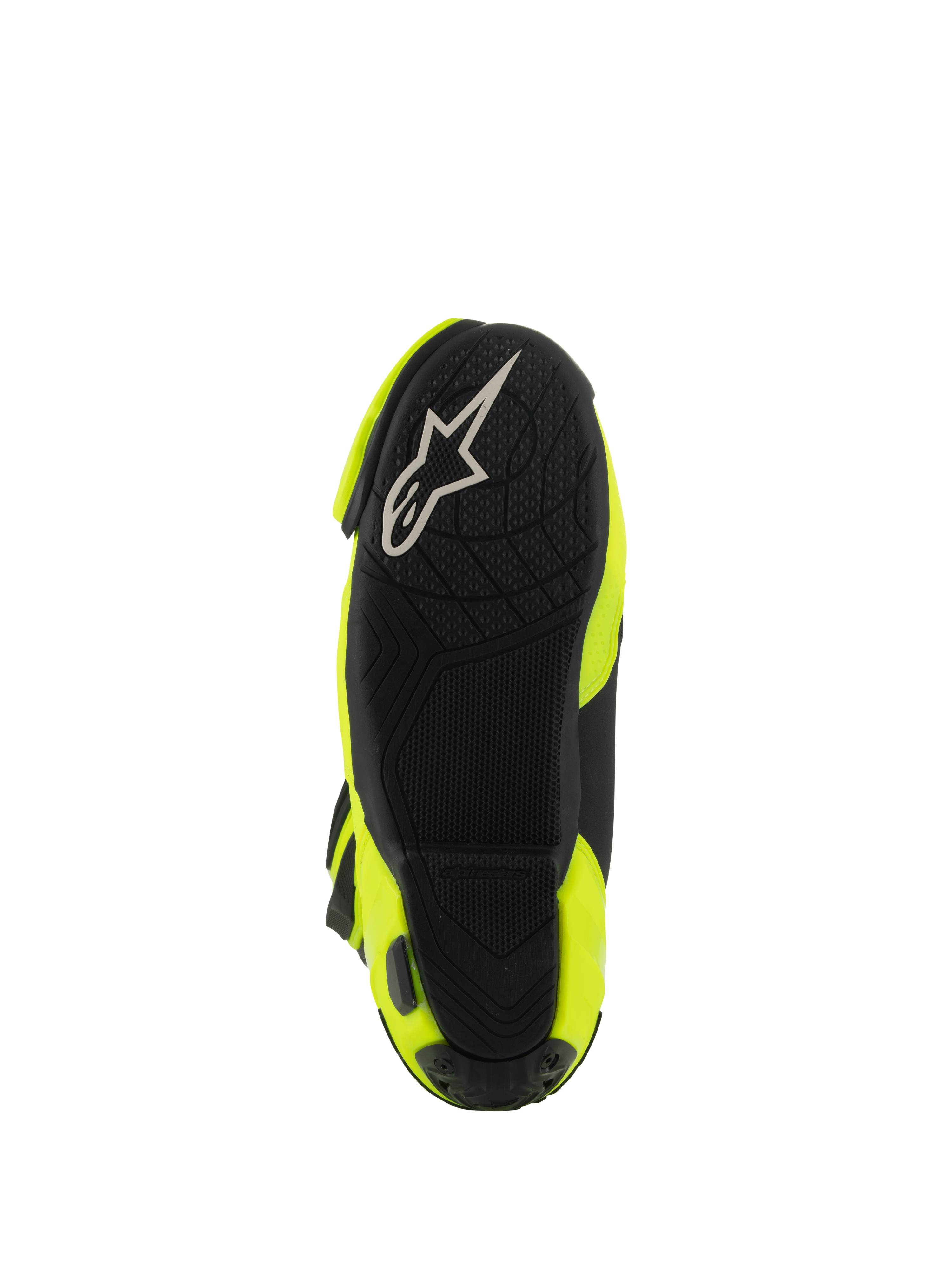 Alpinestars Supertech R Vented Boots, widok od spodu przedstawiający czarną gumową podeszwę, teksturowany wzór przyczepności na podnóżki, białe logo A-star, wyścigowe buty motocyklowe w kolorze żółtym fluo i czarnym
