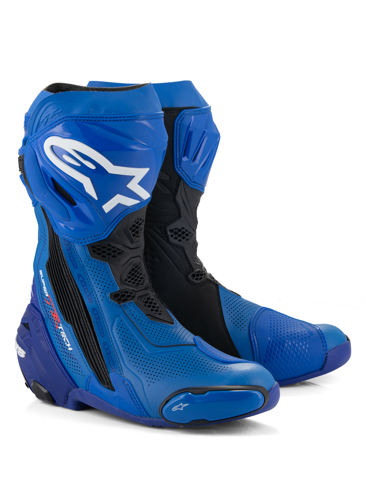Alpinestars Supertech R Vented Boots, buty motocyklowe wyścigowe, niebiesko-czarne, z perforowaną mikrofibrą zapewniającą przepływ powietrza, białe logo Alpinestars na goleni, ochronne płyty i suwaki TPU, profesjonalny design torowy