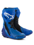 Alpinestars Supertech R Vented Boots, buty motocyklowe wyścigowe, niebiesko-czarne, z perforowaną mikrofibrą zapewniającą przepływ powietrza, białe logo Alpinestars na goleni, ochronne płyty i suwaki TPU, profesjonalny design torowy