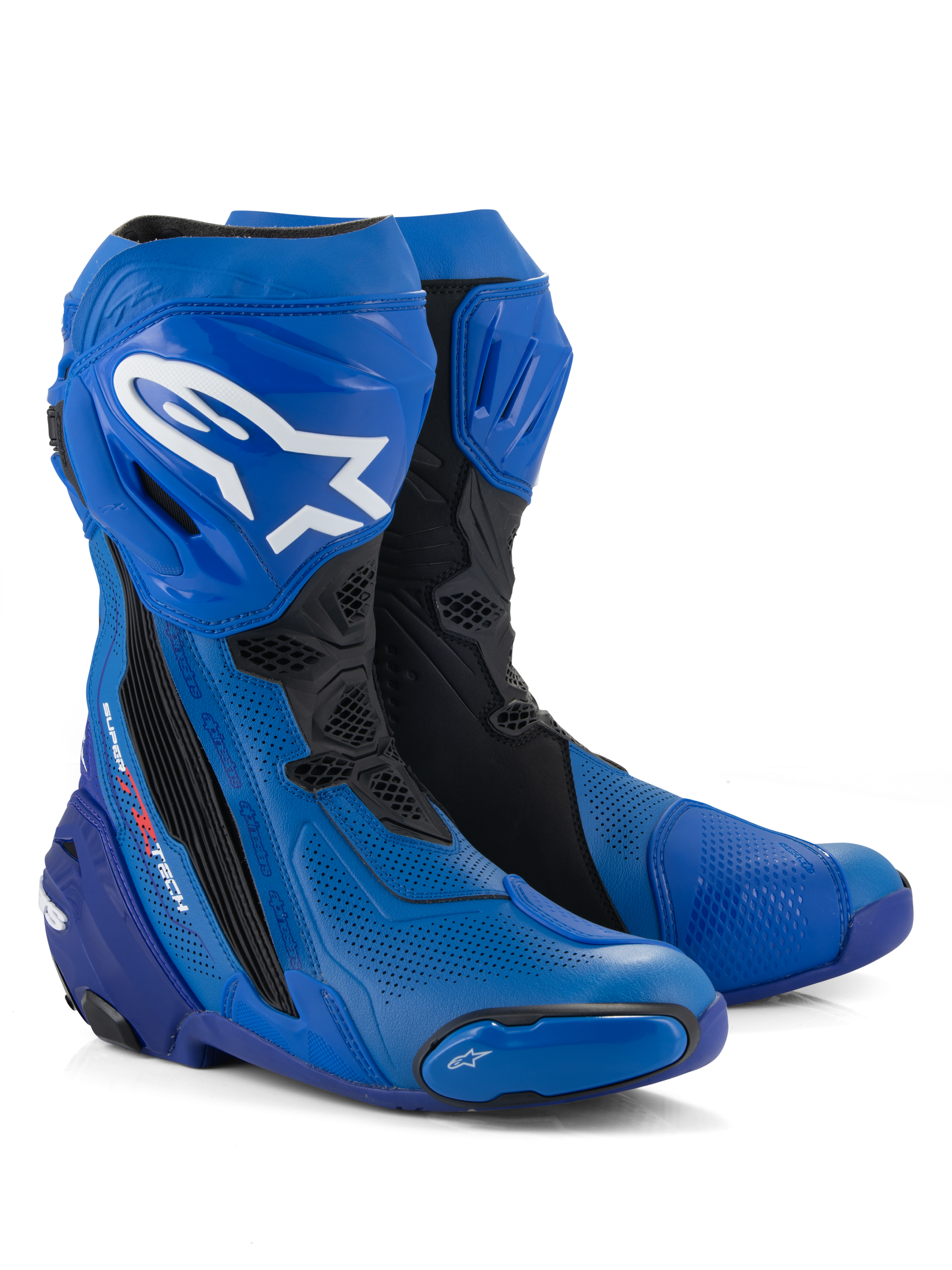 Alpinestars Supertech R Vented Boots, buty motocyklowe wyścigowe, niebiesko-czarne, z perforowaną mikrofibrą zapewniającą przepływ powietrza, białe logo Alpinestars na goleni, ochronne płyty i suwaki TPU, profesjonalny design torowy