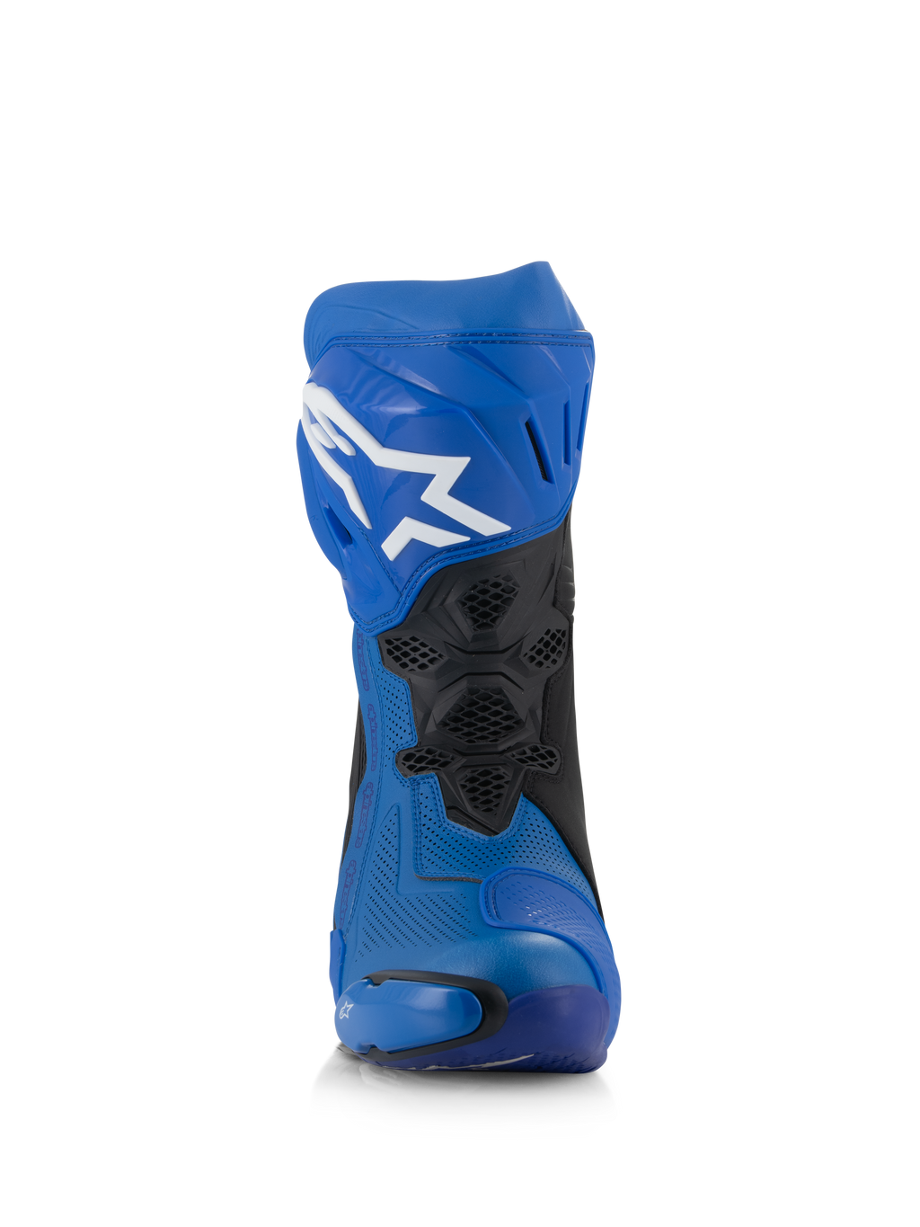 Alpinestars Supertech R Vented Boots, niebiesko-czarne wyścigowe buty motocyklowe, widok z przodu, perforowana cholewka z mikrofibry, białe logo Astar na płycie goleniowej, wentylowane panele z siatki i slidery ochronne.