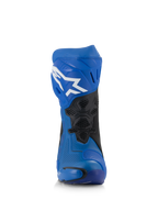 Alpinestars Supertech R Vented Boots, niebiesko-czarne wyścigowe buty motocyklowe, widok z przodu, perforowana cholewka z mikrofibry, białe logo Astar na płycie goleniowej, wentylowane panele z siatki i slidery ochronne.