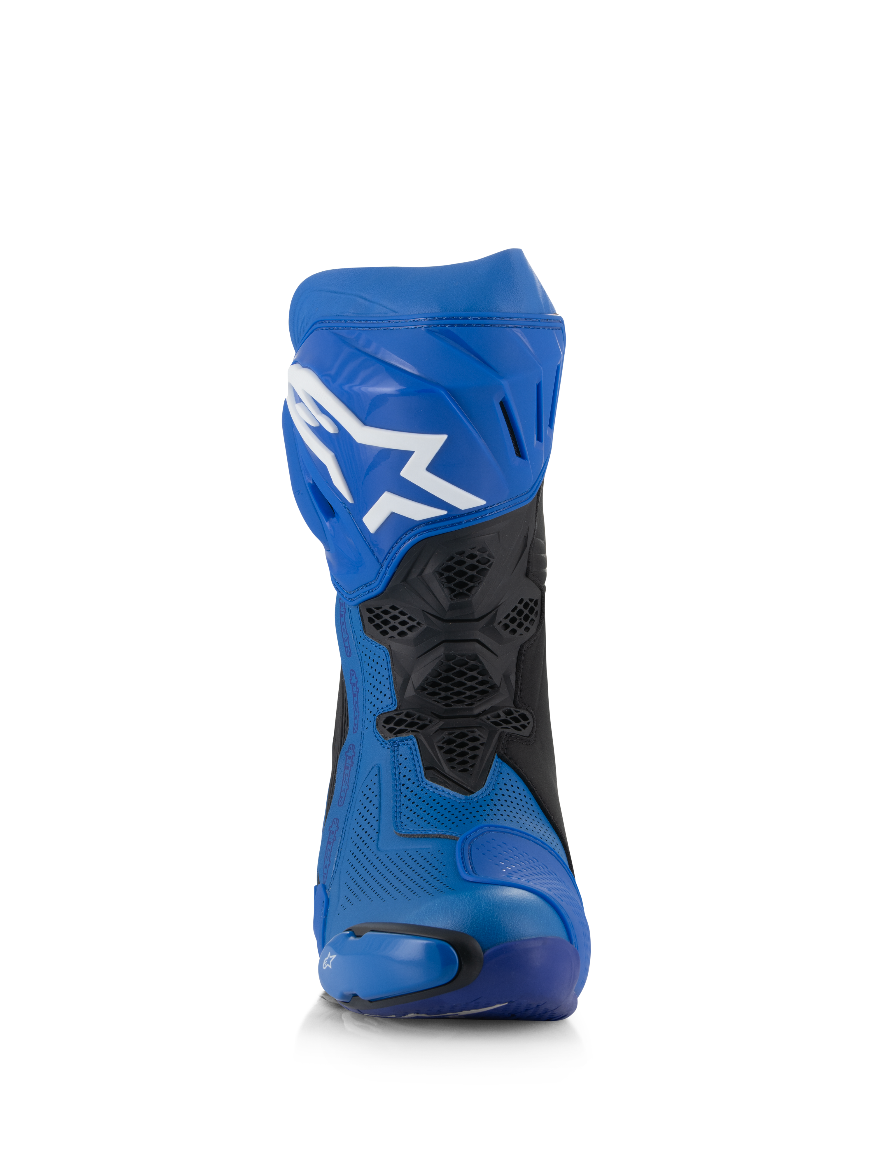 Alpinestars Supertech R Vented Boots, niebiesko-czarne wyścigowe buty motocyklowe, widok z przodu, perforowana cholewka z mikrofibry, białe logo Astar na płycie goleniowej, wentylowane panele z siatki i slidery ochronne.