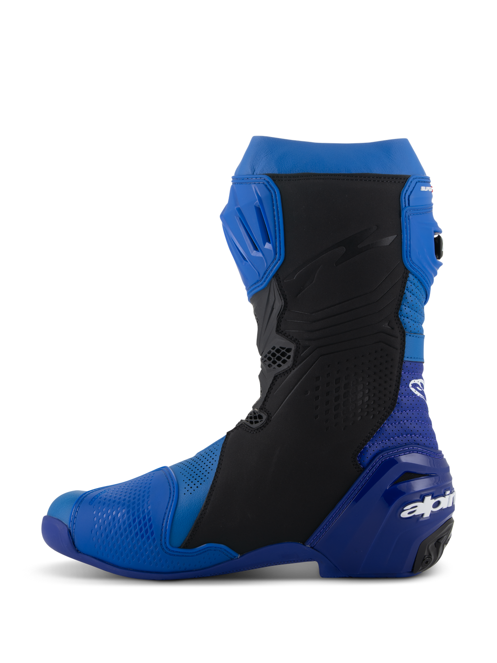 Buty Alpinestars Supertech R Vented, niebiesko-czarne, widok z boku, wyczynowe buty motocyklowe wyścigowe, perforowana mikrofibra zapewniająca wentylację, ochraniacz goleni TPU, logo Alpinestars na pięcie