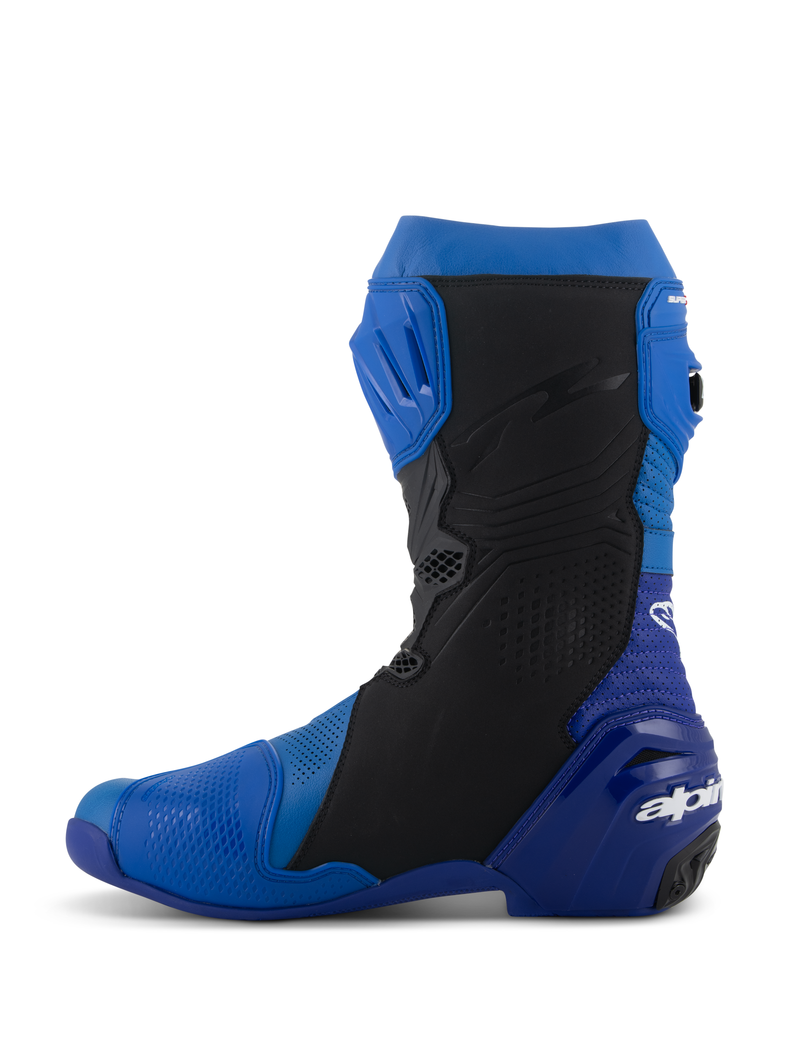 Buty Alpinestars Supertech R Vented, niebiesko-czarne, widok z boku, wyczynowe buty motocyklowe wyścigowe, perforowana mikrofibra zapewniająca wentylację, ochraniacz goleni TPU, logo Alpinestars na pięcie