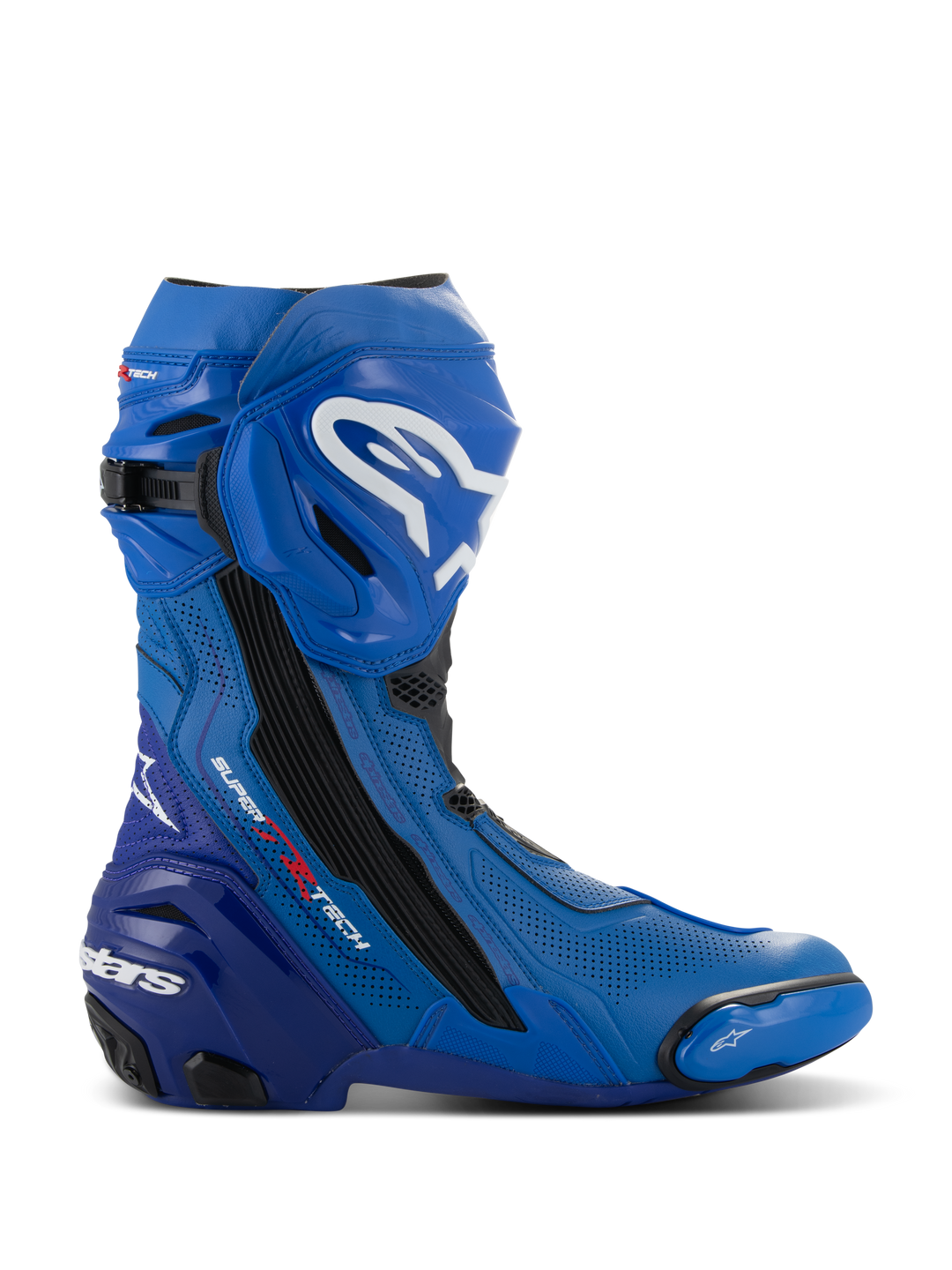 Alpinestars Supertech R Vented Boots, niebiesko-czarne motocyklowe buty wyścigowe, widok z profilu z białymi logotypami, rozległe perforowane strefy wentylacyjne, wzmocniona pięta i wymienny ślizgacz palców.