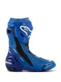 Alpinestars Supertech R Vented Boots, niebiesko-czarne motocyklowe buty wyścigowe, widok z profilu z białymi logotypami, rozległe perforowane strefy wentylacyjne, wzmocniona pięta i wymienny ślizgacz palców.