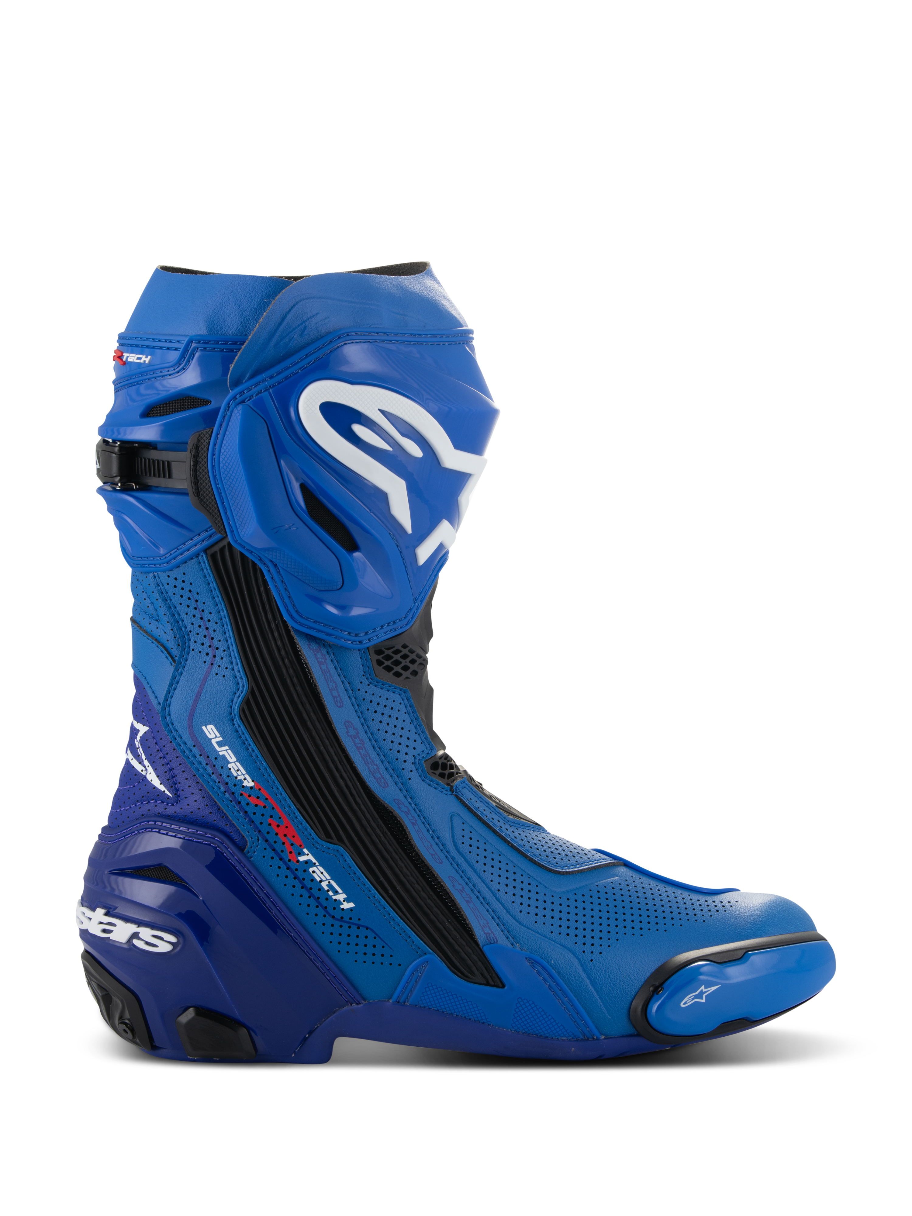 Alpinestars Supertech R Vented Boots, niebiesko-czarne motocyklowe buty wyścigowe, widok z profilu z białymi logotypami, rozległe perforowane strefy wentylacyjne, wzmocniona pięta i wymienny ślizgacz palców.