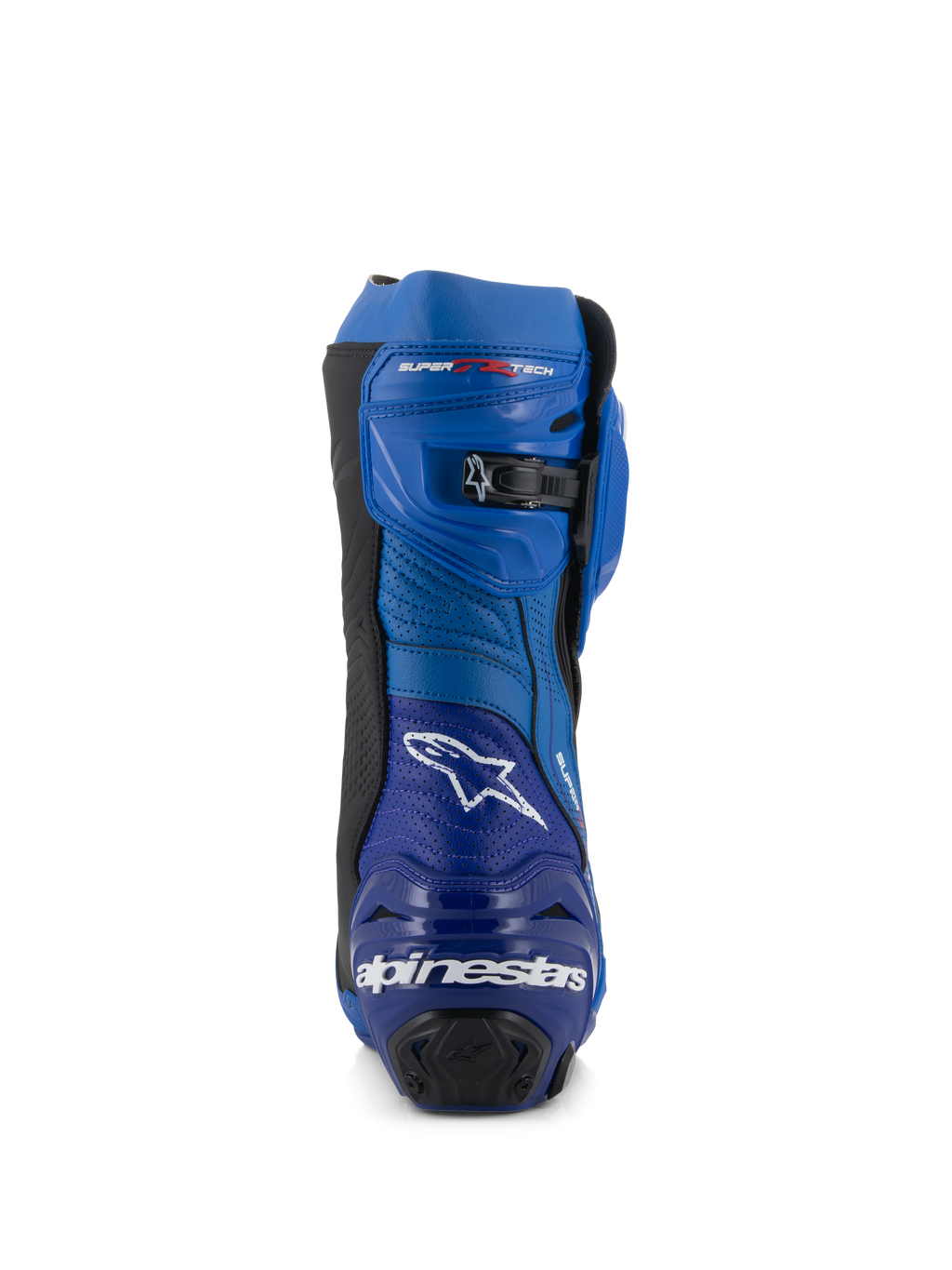 Alpinestars Supertech R Vented Boots, wyścigowe buty motocyklowe, niebiesko-czarne, widok z tyłu z logo Alpinestars i napisem na pięcie, perforowane panele z mikrofibry oraz mikroregulowane zapięcie zapadkowe na górze.