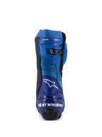Alpinestars Supertech R Vented Boots, wyścigowe buty motocyklowe, niebiesko-czarne, widok z tyłu z logo Alpinestars i napisem na pięcie, perforowane panele z mikrofibry oraz mikroregulowane zapięcie zapadkowe na górze.