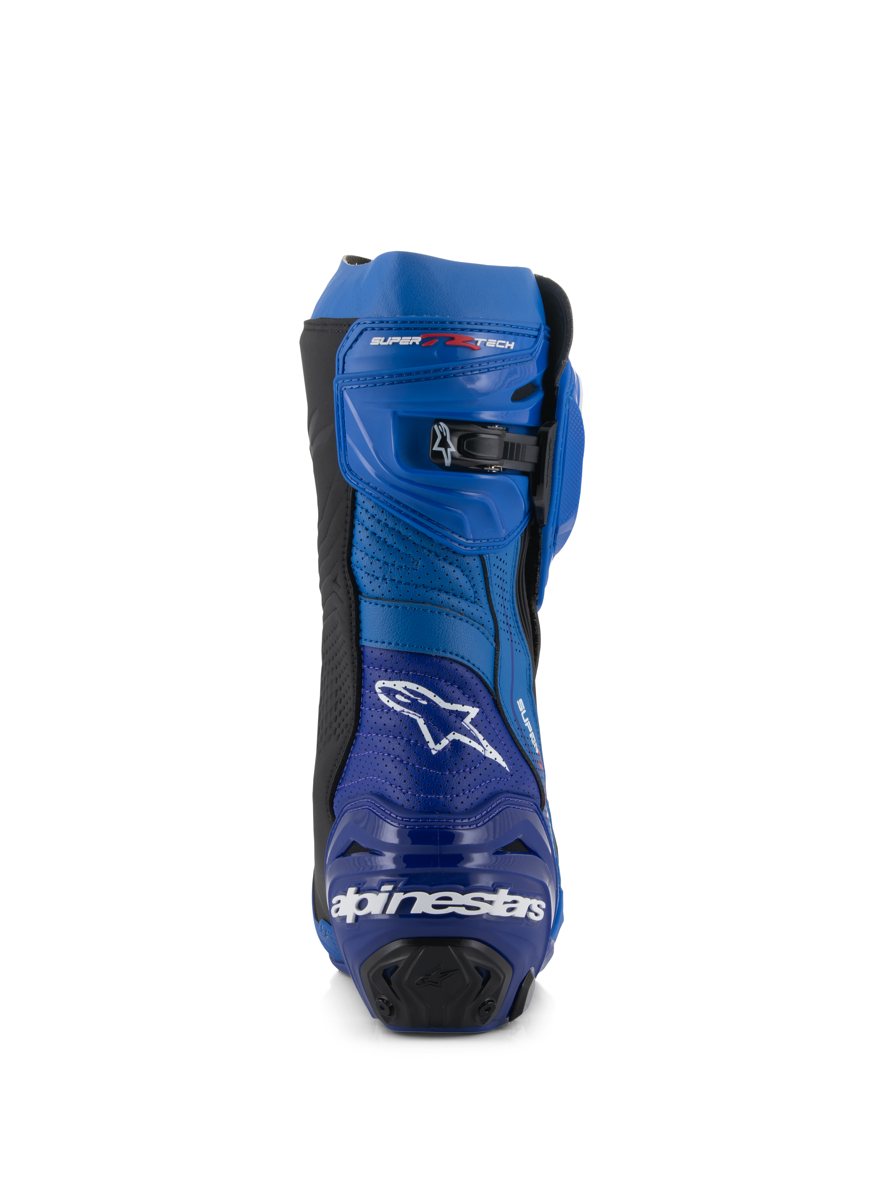 Alpinestars Supertech R Vented Boots, wyścigowe buty motocyklowe, niebiesko-czarne, widok z tyłu z logo Alpinestars i napisem na pięcie, perforowane panele z mikrofibry oraz mikroregulowane zapięcie zapadkowe na górze.