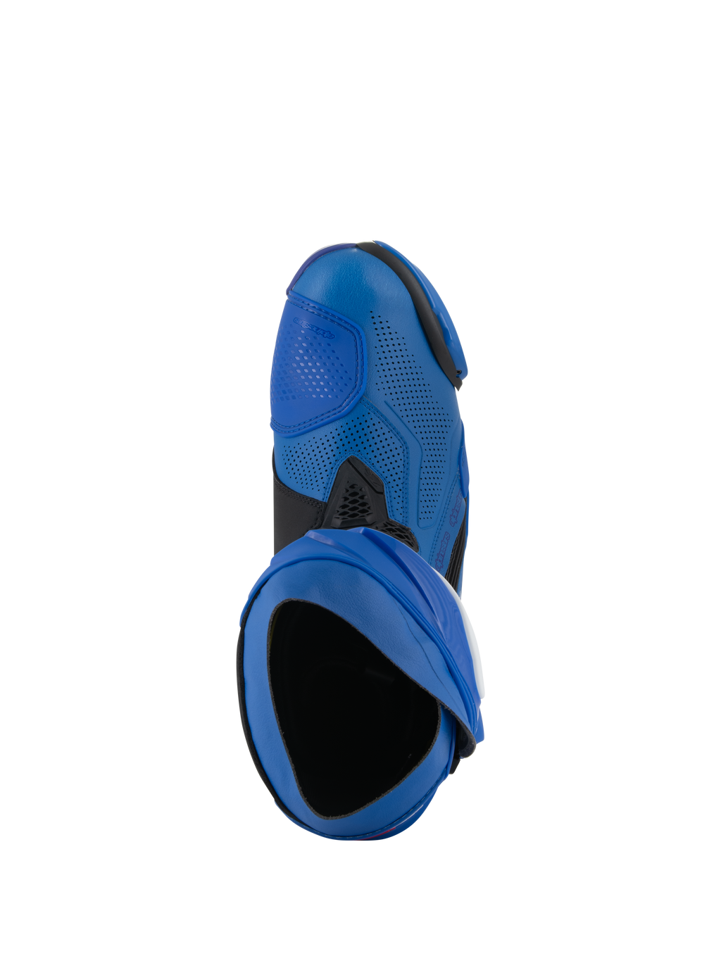 Buty Alpinestars Supertech R Vented, wyścigowe buty motocyklowe, niebiesko-czarne, widok z góry ukazujący otwór wejściowy i perforowaną cholewkę z mikrofibry, wysokiej klasy obuwie do sportów motorowych o wentylowanej konstrukcji