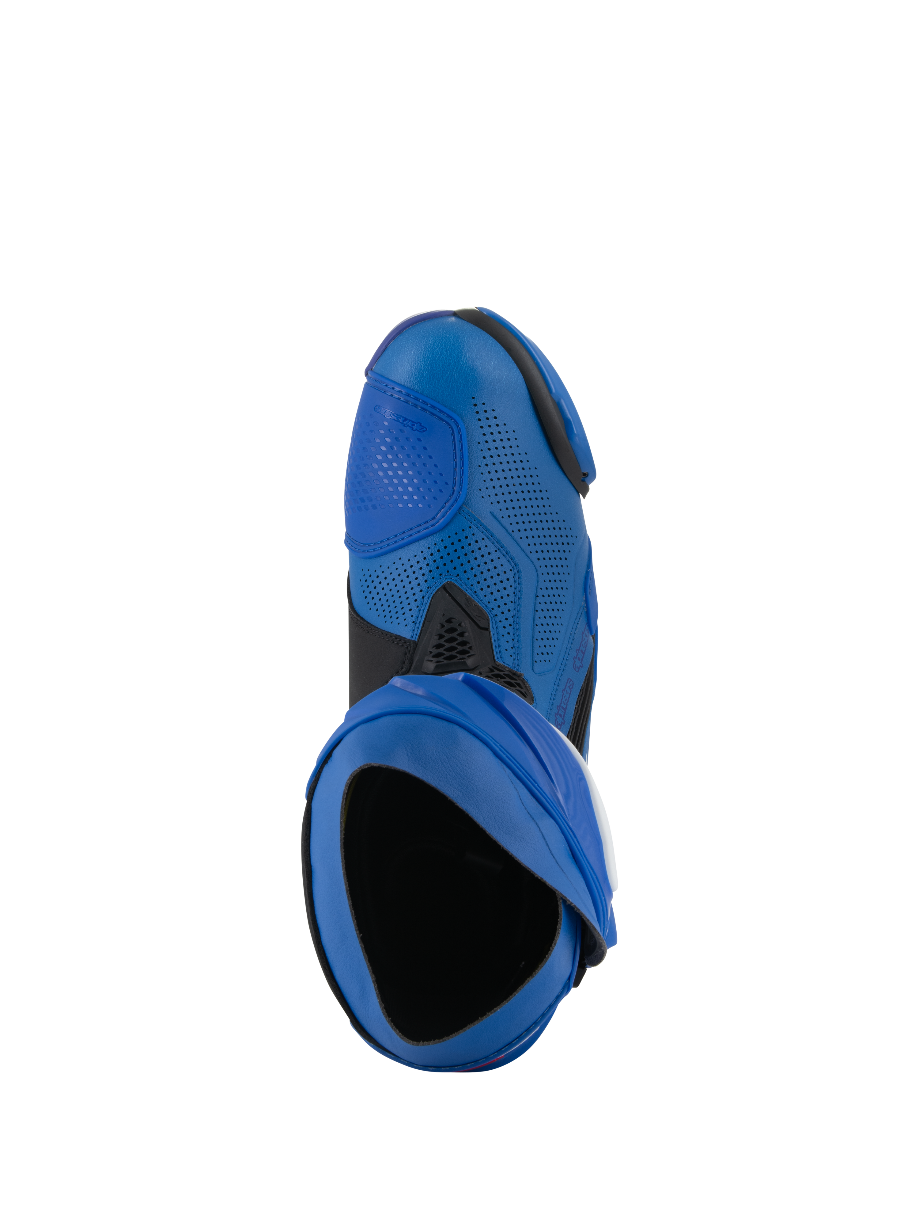 Buty Alpinestars Supertech R Vented, wyścigowe buty motocyklowe, niebiesko-czarne, widok z góry ukazujący otwór wejściowy i perforowaną cholewkę z mikrofibry, wysokiej klasy obuwie do sportów motorowych o wentylowanej konstrukcji