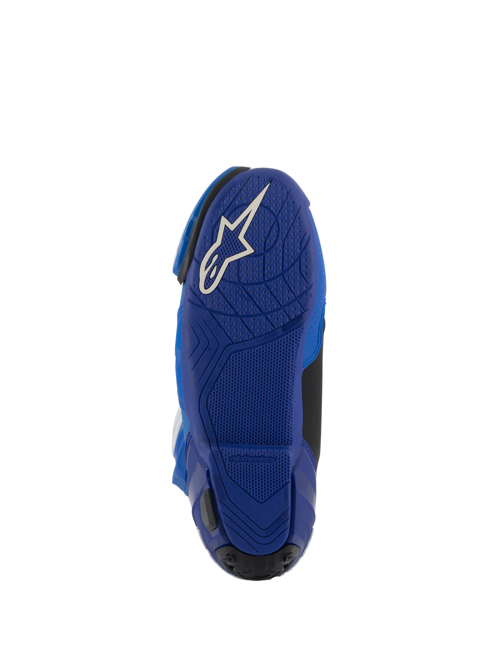 Buty Alpinestars Supertech R Vented, niebiesko-czarne, widok od dołu na niebieską gumową podeszwę z białym logo Astars, teksturowany wzór przyczepności ułatwiający kontrolę nad podnóżkami, wysokowydajne obuwie do wyścigów motocyklowych